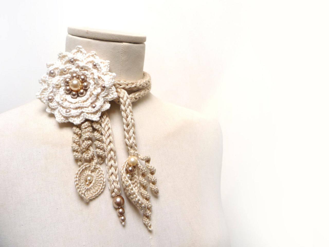 Crochet Cotton Lariat Necklace - Light Beige / Sand Leaves And Cream White Flower With Glass Pearls - Little Peony - Custom Color