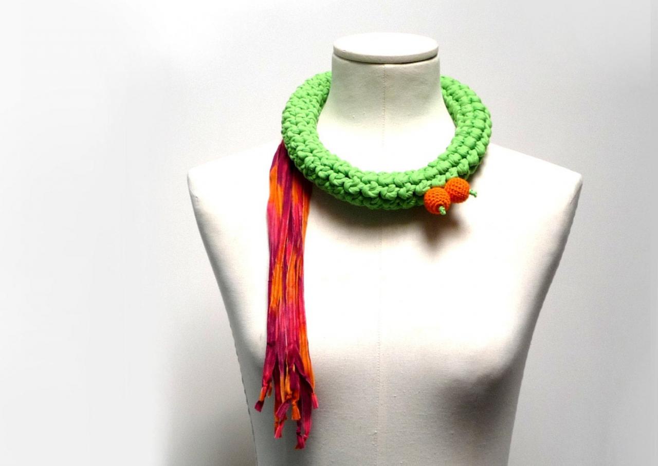 Crochet Statement Necklace - Lime Green Upcycled Jersey Yarn and Orange Ribbons - Jersey Scarf Cowl - Crochet Jewelry - Textile Necklace