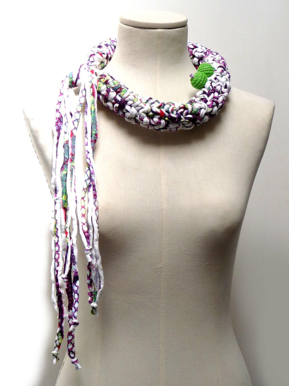 Crochet Statement Necklace - White Purple Lime Green Upcycled Jersey Yarn - Jersey Scarf Cowl - Crochet Jewelry - Textile Necklace