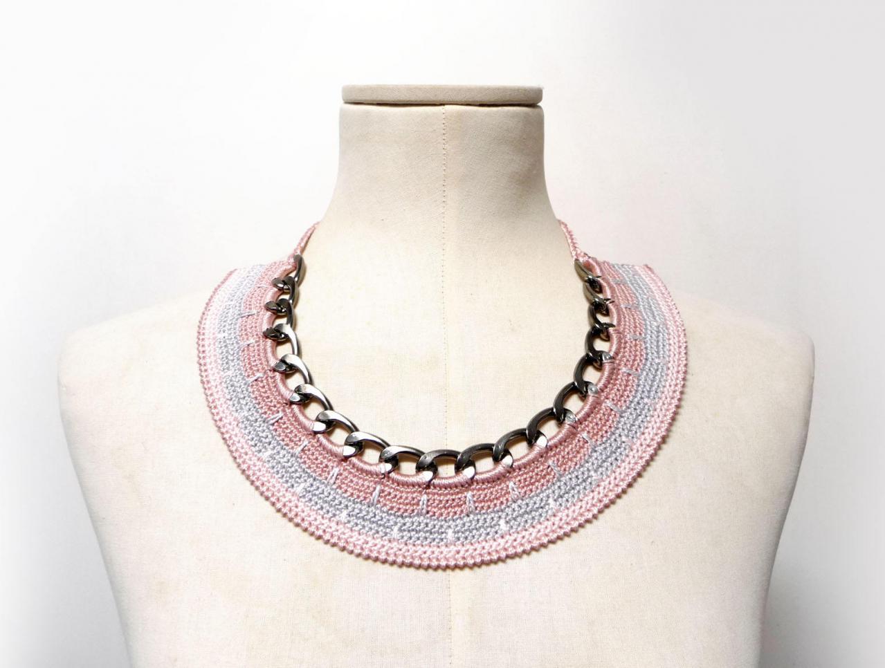 Crochet Cotton And Chain Necklace Choker - Pink Statement Necklace - Gunmetal Chain With Pink And Grey Cotton