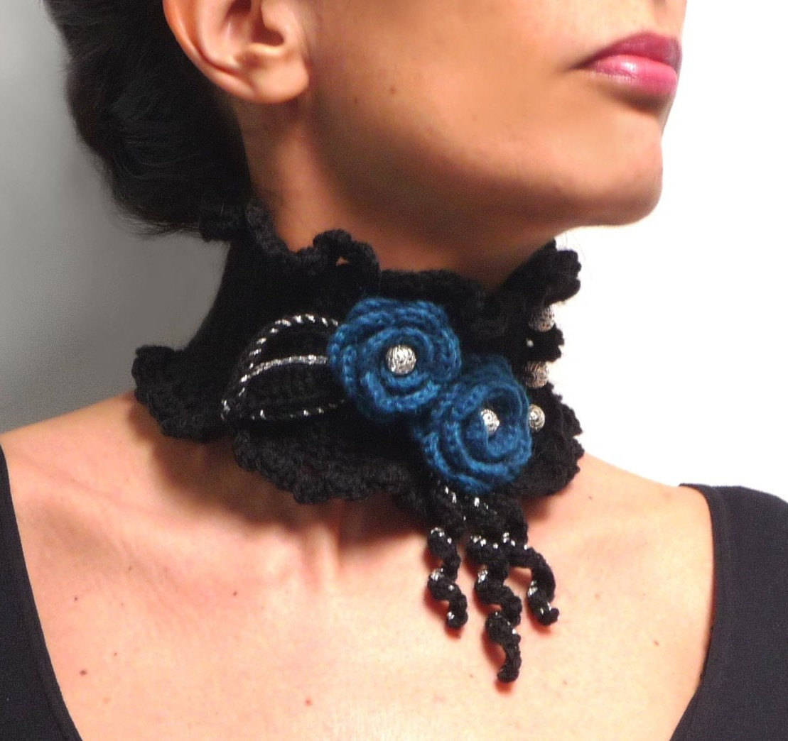 Crochet Black Neckwarmer with Teal Flowers and Silver Beads - Lux Choker Collar - JUSTINE