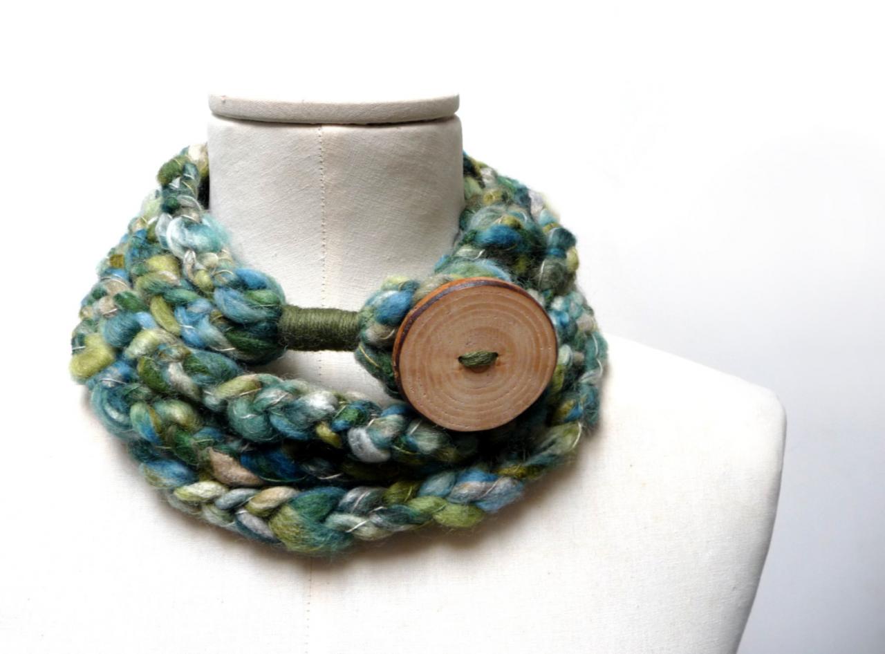 Loop Infinity Scarf Necklace, Crochet Scarflette Neckwarmer - Green, Teal, Olive, Cream Multicolor Yarn With Giant Wood Button