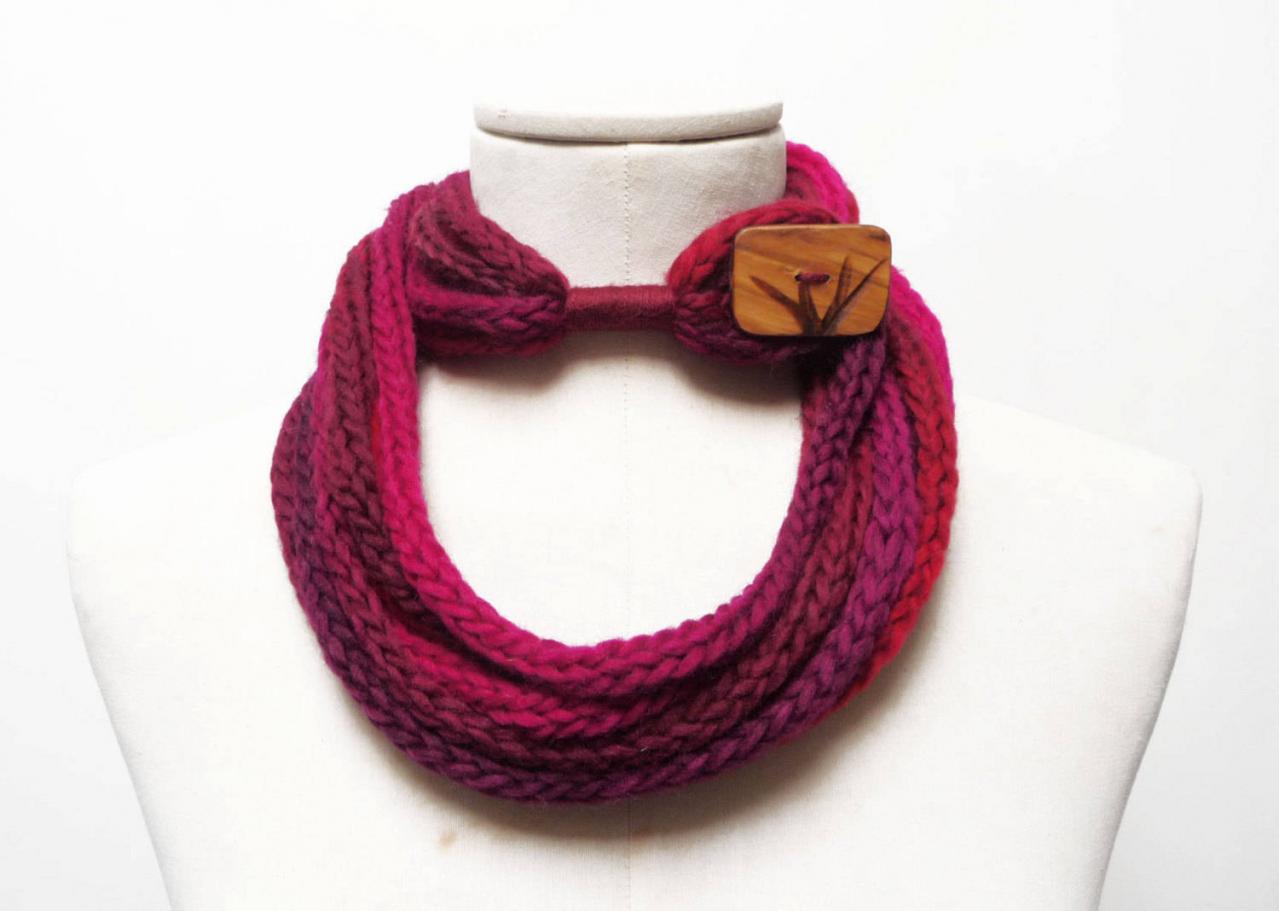 Knit Infinity Scarf Necklace, Loop Scarlette Neckwarmer - Cherry, Red, Burgundy, Bordeaux Ombre Yarn With Big Wood Button - Handmade