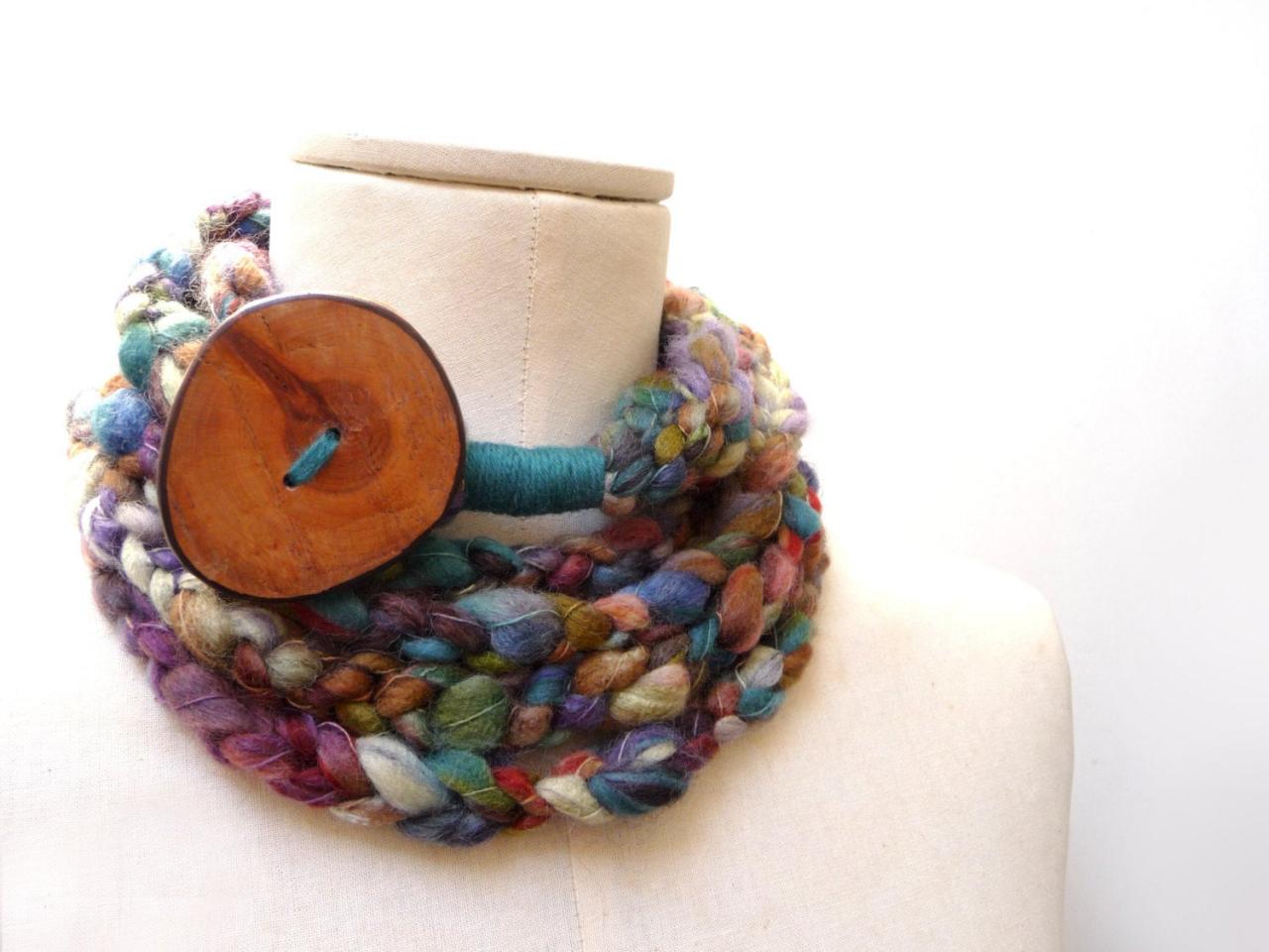 Loop Infinity Scarf Necklace, Crochet Scarflette Neckwarmer - Green, Purple, Blue, Brown Multicolor Yarn With Giant Wood Button