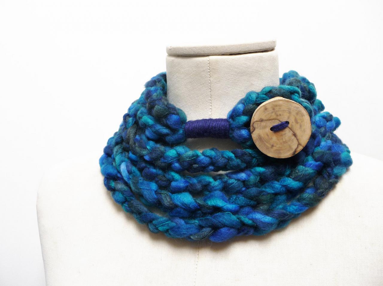Loop Infinity Scarf Necklace, Crochet Scarflette Neckwarmer - Blue, Teal, Turquoise Multicolor Yarn With Giant Wood Button