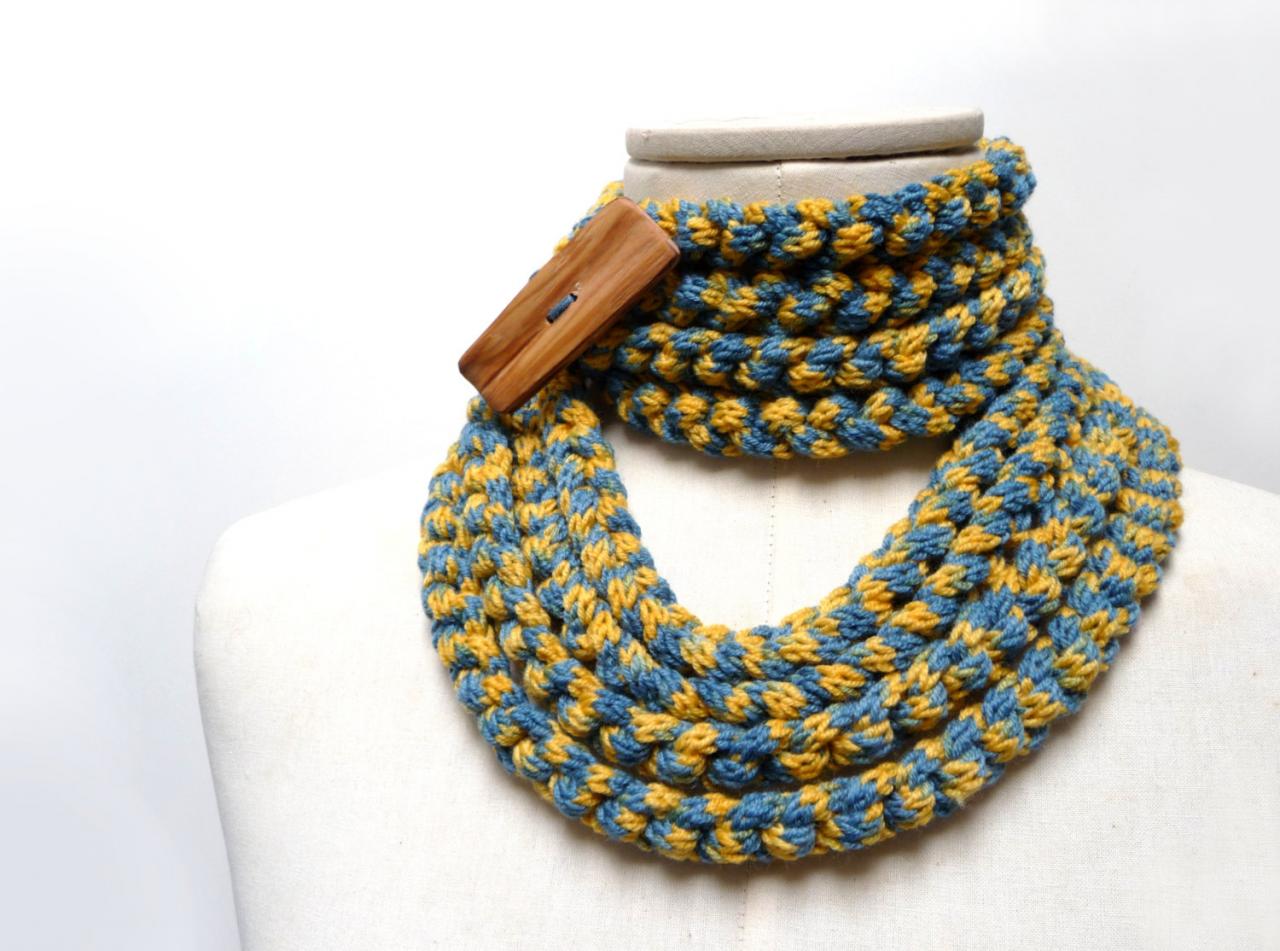 Knit Infinity Scarf Necklace, Loop Scarlette Neckwarmer - Mustard Yellow And Denim Blue With Wood Button - Handmade