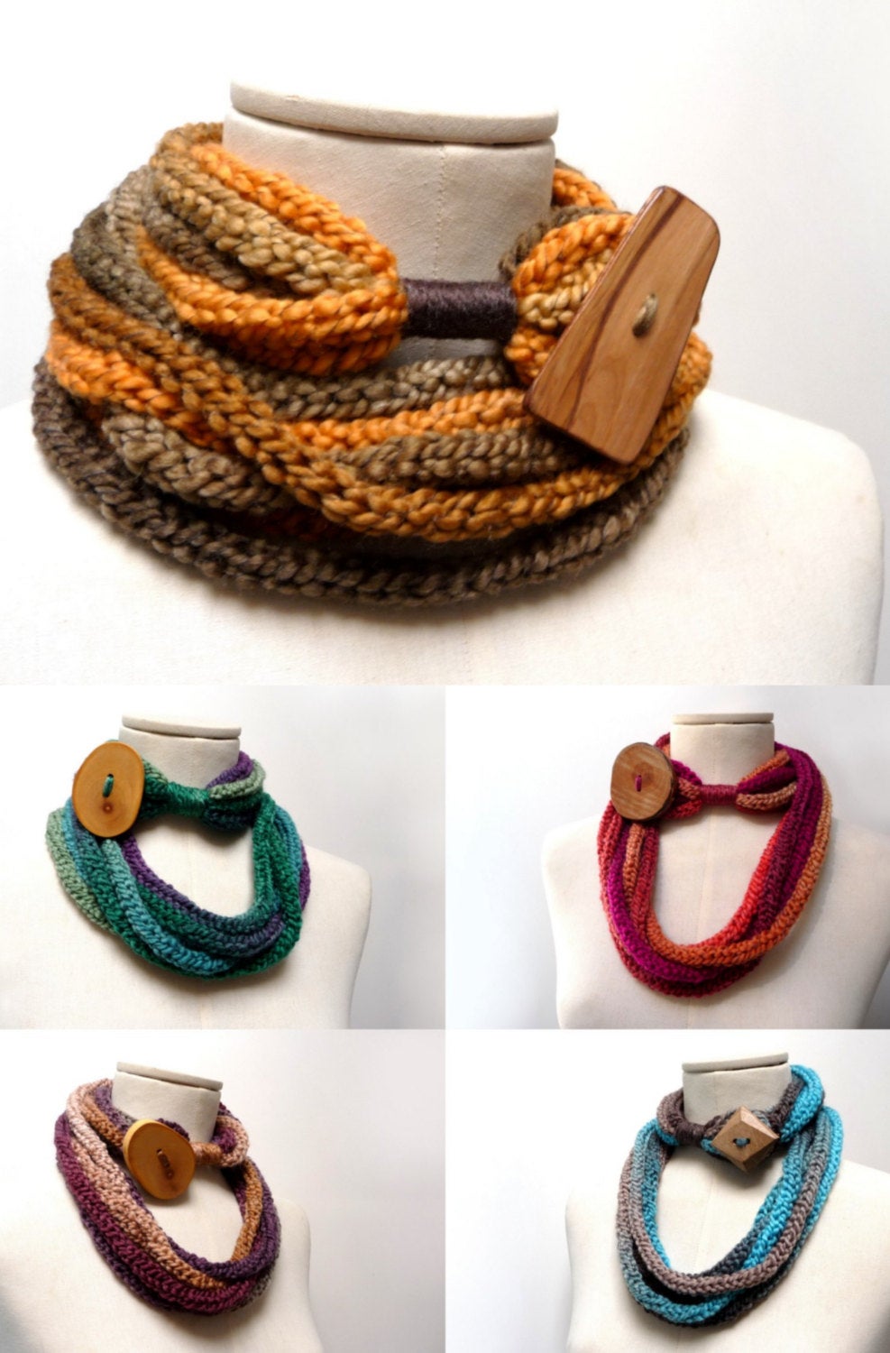 Loop Infinity Scarf Necklace, Knitted Scarlette Neckwarmer - Ombre Yarn With Giant Wood Button - Custom Color