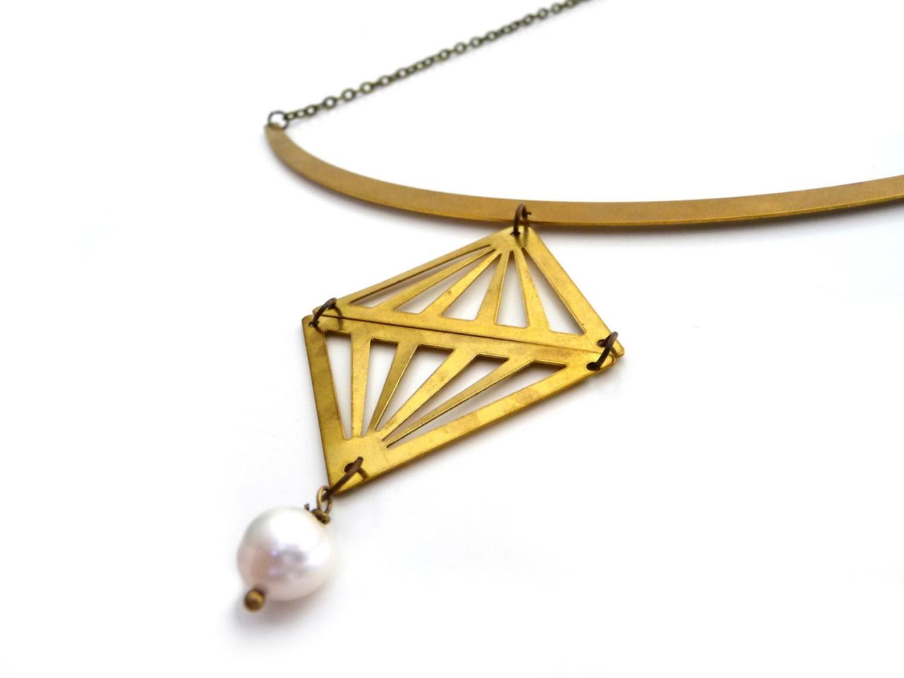 Gold Brass Triangle Necklace With Fresh Water Pearl - Fake Diamond Pendant - Geometric Jewelry