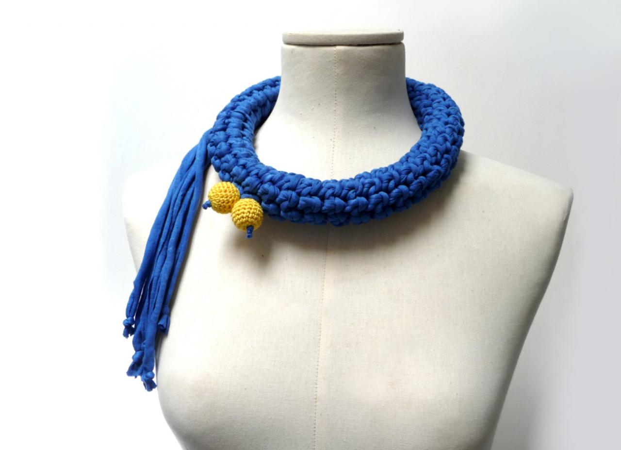 Crochet Statement Necklace - Electric Blue Upcycled Jersey Yarn - Jersey Scarf Cowl - Crochet Jewelry - Textile Necklace
