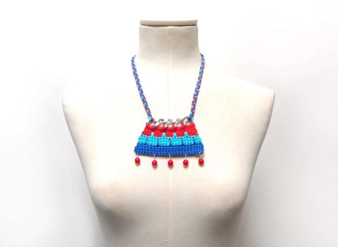Crochet Cotton And Chain Necklace Choker - Color Block Statement Necklace - Silver Chain With Red, Turquoise, Blue Cotton