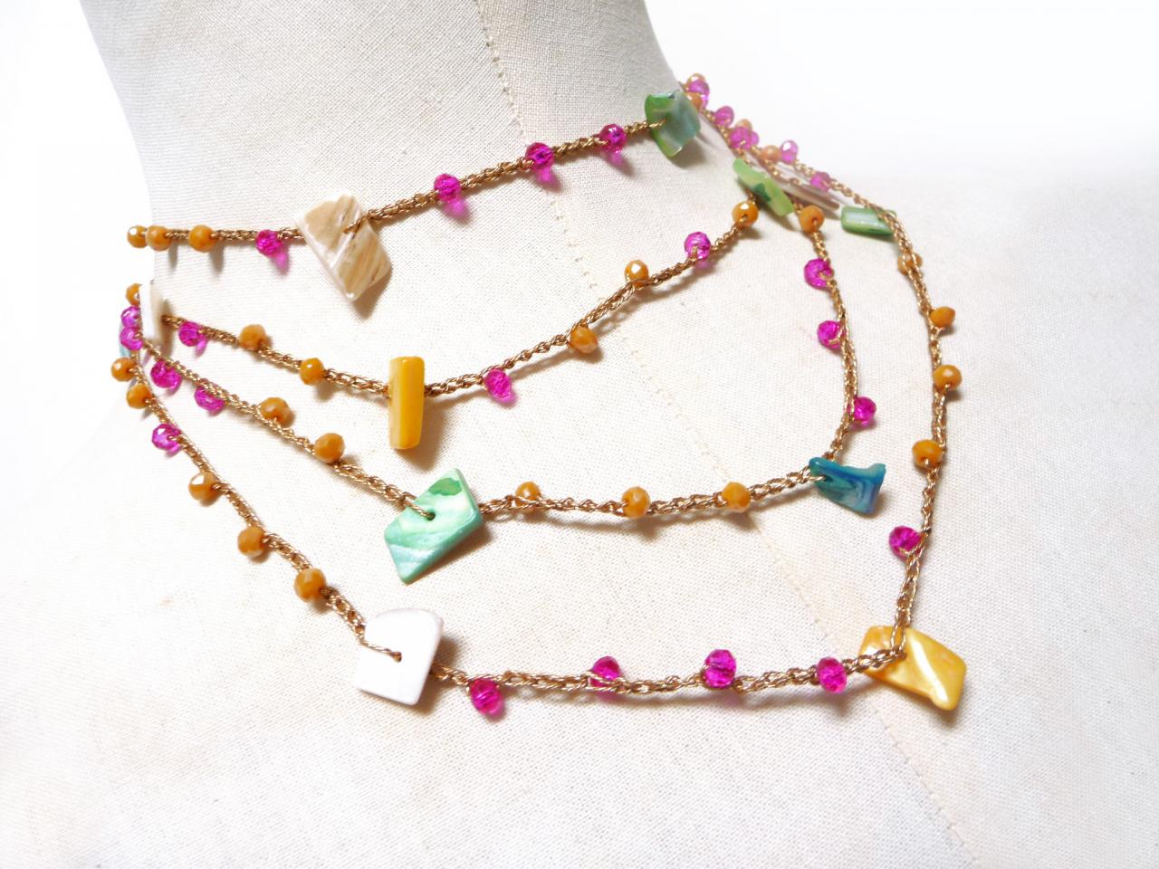 Long Beaded Gold Necklace With Yellow And Pink Crystals + Pastel Multicolor Shell Chips, Crochet Boho Rosary Necklace
