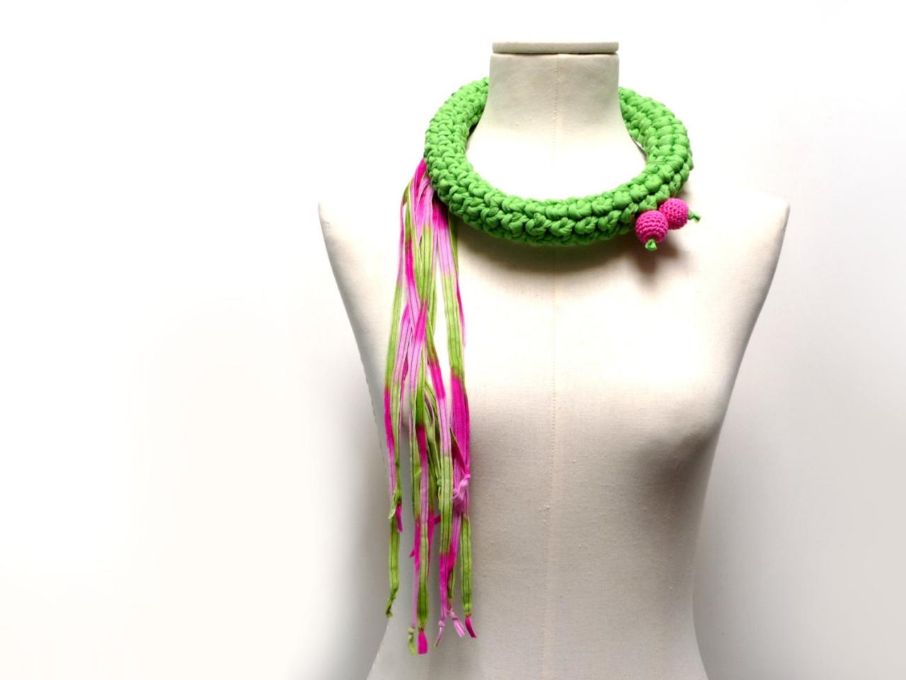 Crochet Statement Necklace - Lime Green Upcycled Jersey Yarn And Pink Ribbons - Jersey Scarf Cowl - Crochet Jewelry - Textile Necklace