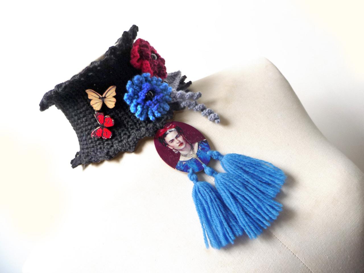 Black Choker Necklace with Tassels - Black Neckwarmer - Wool Crochet Cowl Scarf with Red and Blue Flowers, Grey Leaves and Butterflies