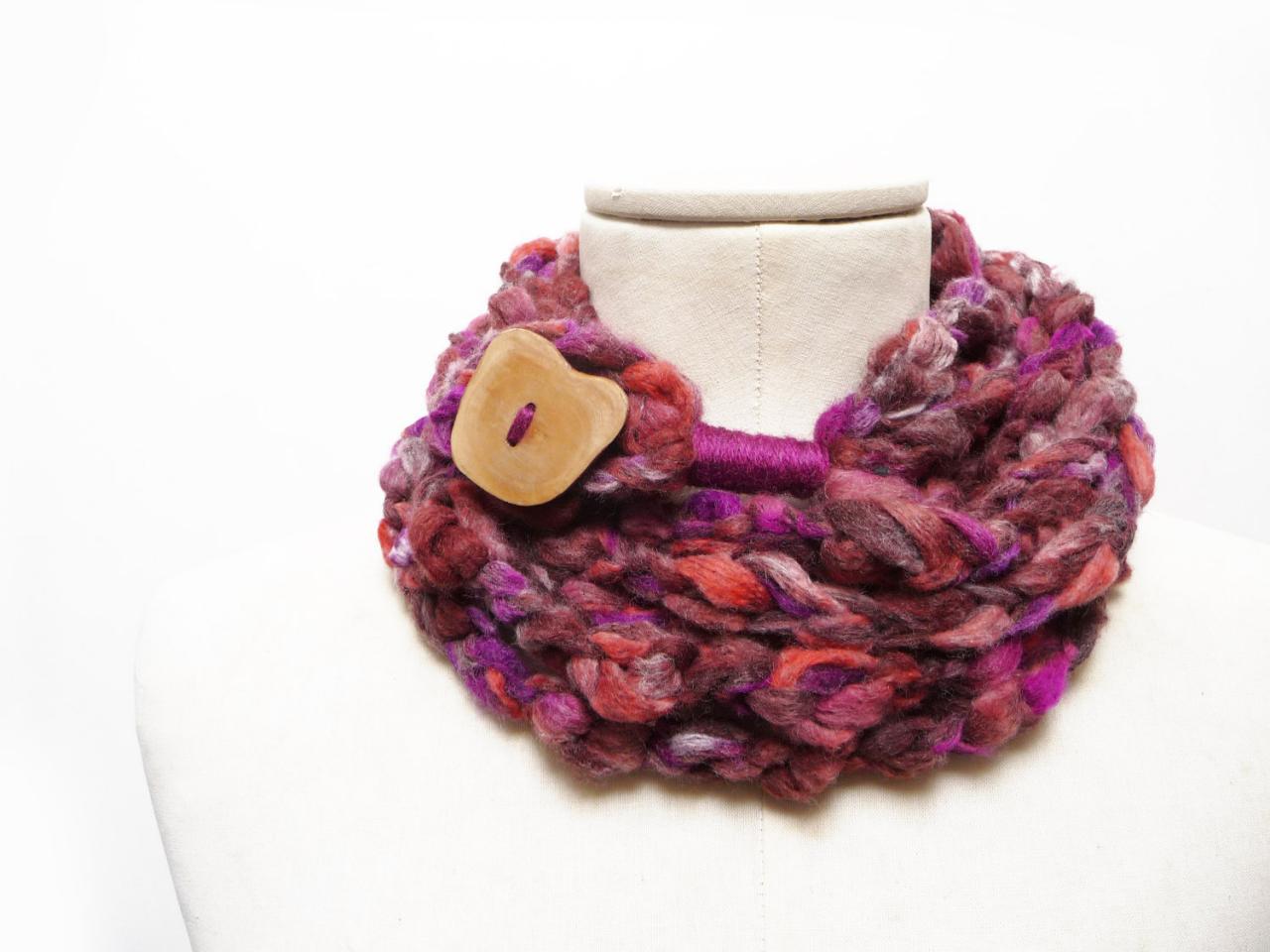 Loop Infinity Scarf Necklace, Crochet Scarflette Neckwarmer - Purple, Brown, Orange Multicolor Yarn With Giant Wood Button