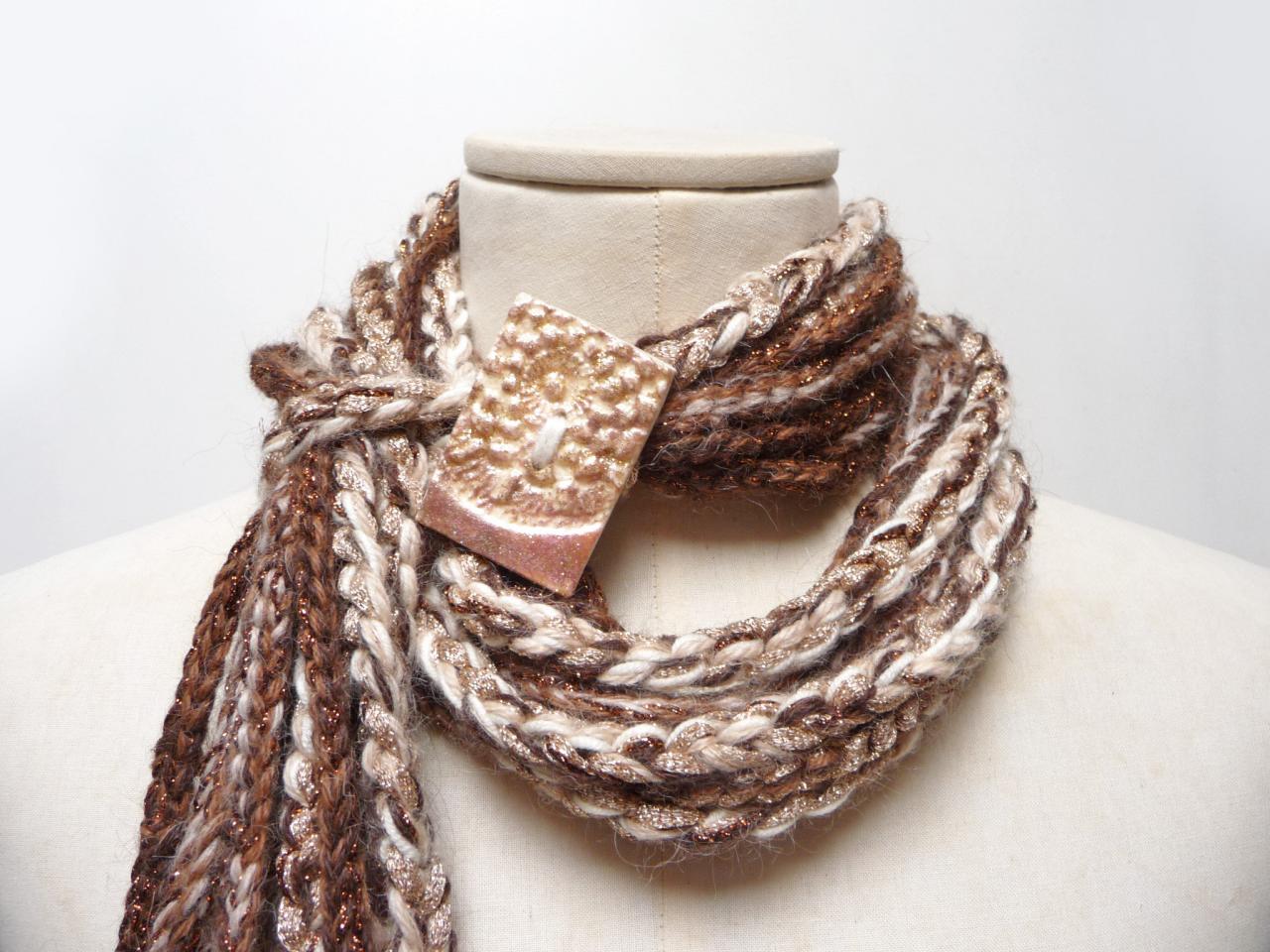 Loop Wool Scarf Necklace, Infinity Crochet Neckwarmer - Brown Gold Copper And Cream White Yarn With Giant Clay Handmade Button, Hygge Scarf