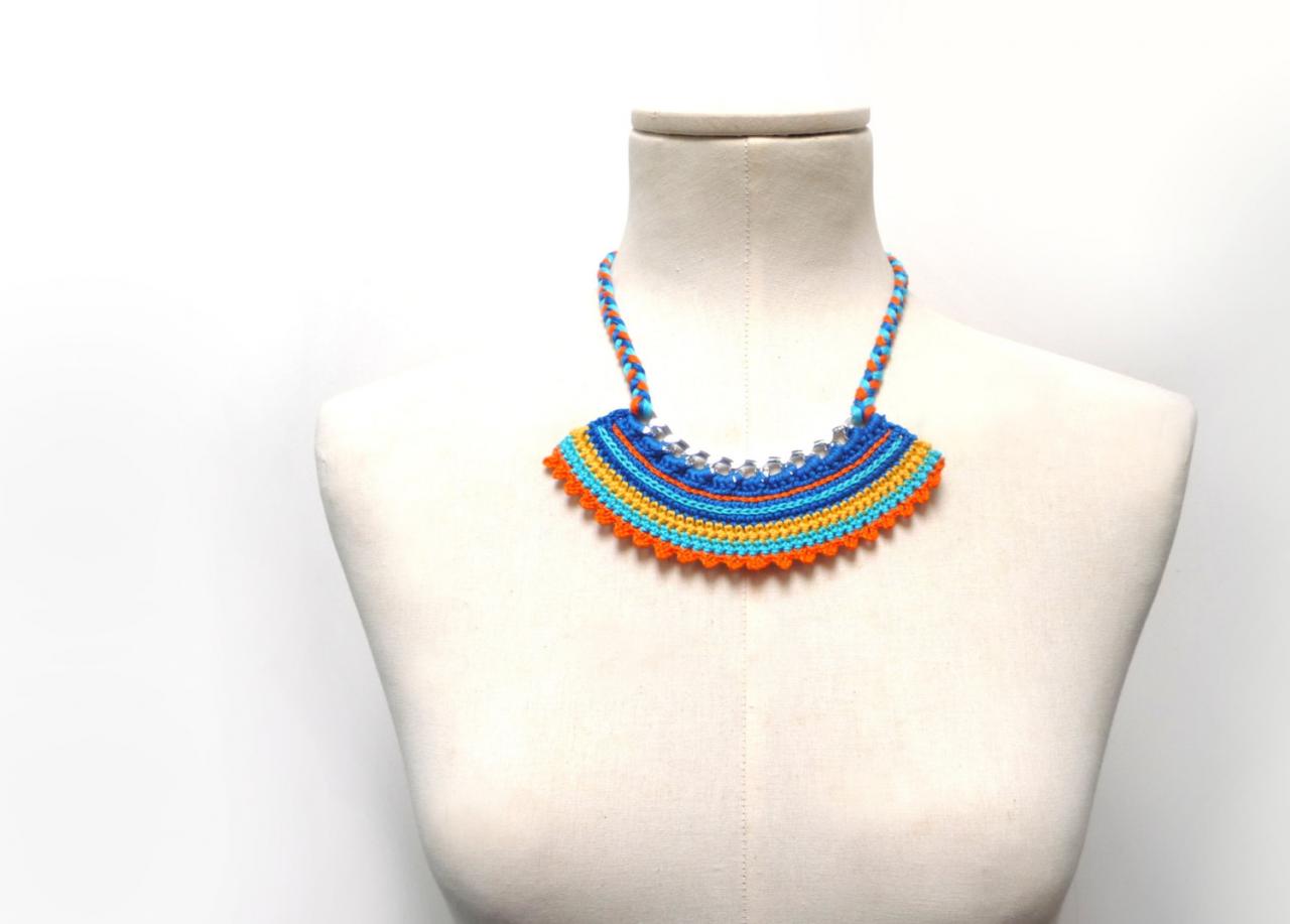 Crochet Cotton And Chain Necklace Choker - Color Block Statement Necklace - Silver Chain With Yellow, Orange, Turquoise, Blue Cotton