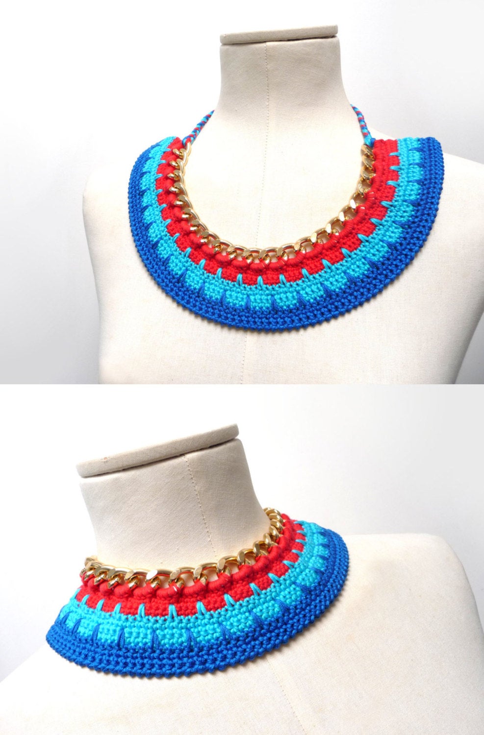 Crochet Cotton And Chain Necklace Choker - Color Block Statement Necklace - Gold Chain With Red, Turquoise, Blue Cotton