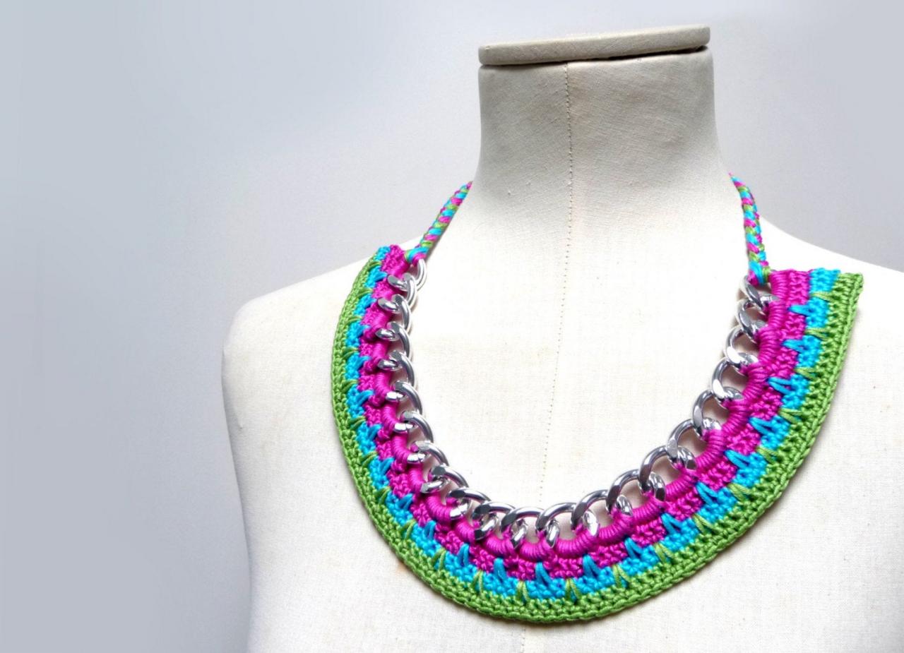 Crochet Chain Necklace Choker - Color Block Statement Necklace - Silver Metal Chain And Pink, Turquoise, Green Cotton