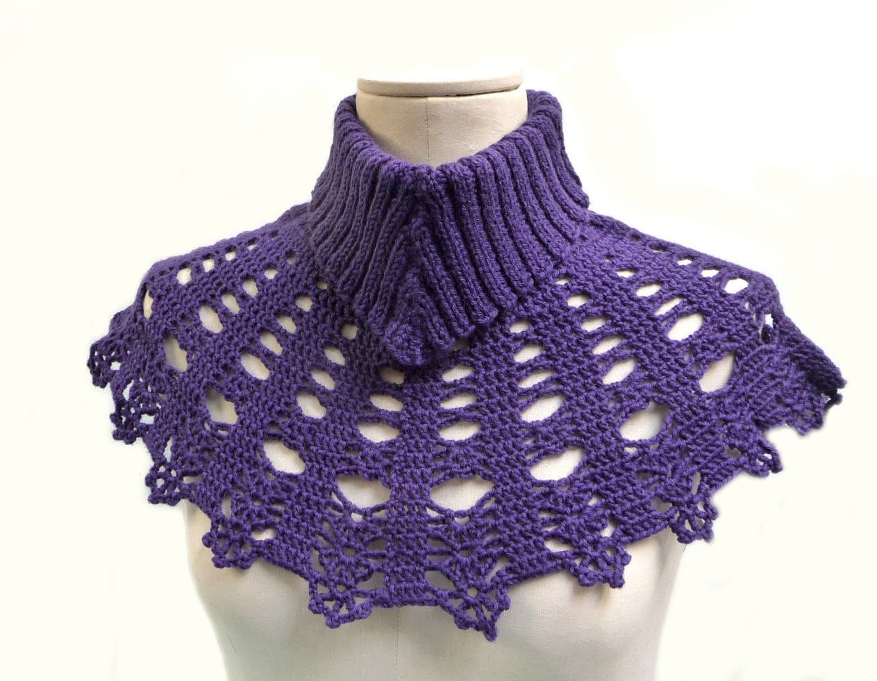 Ultra Violet Capelet with Knit Turtleneck and Crochet Bib Collar, Plum Purple Cape for Women, Wool Poncho Neck Warmer, Mother Day Gift Idea