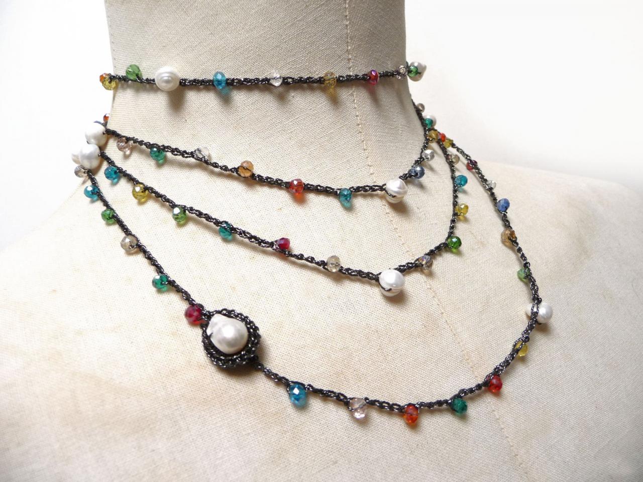 Long Beaded Necklace, Boho Style Multi Wrap Bracelet With Fresh Pearls And Rainbow Tiny Crystals, Rosary Necklace, Crochet Necklace