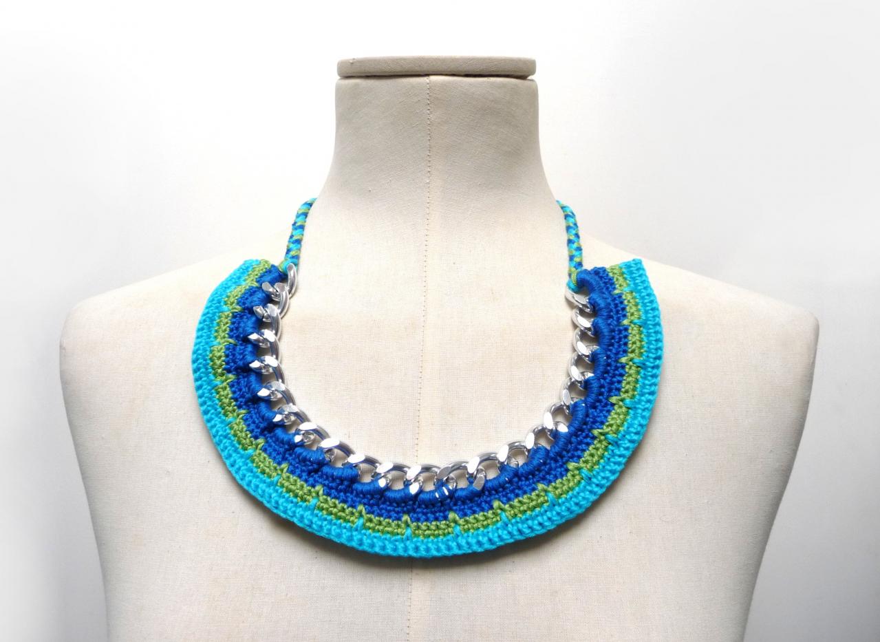 Multicolor Bib Necklace, Statement Collar, Blue Turquoise Green Crochet Cotton, Spring Summer Tribal Ethnic Chunky Jewelry, Friend Gift