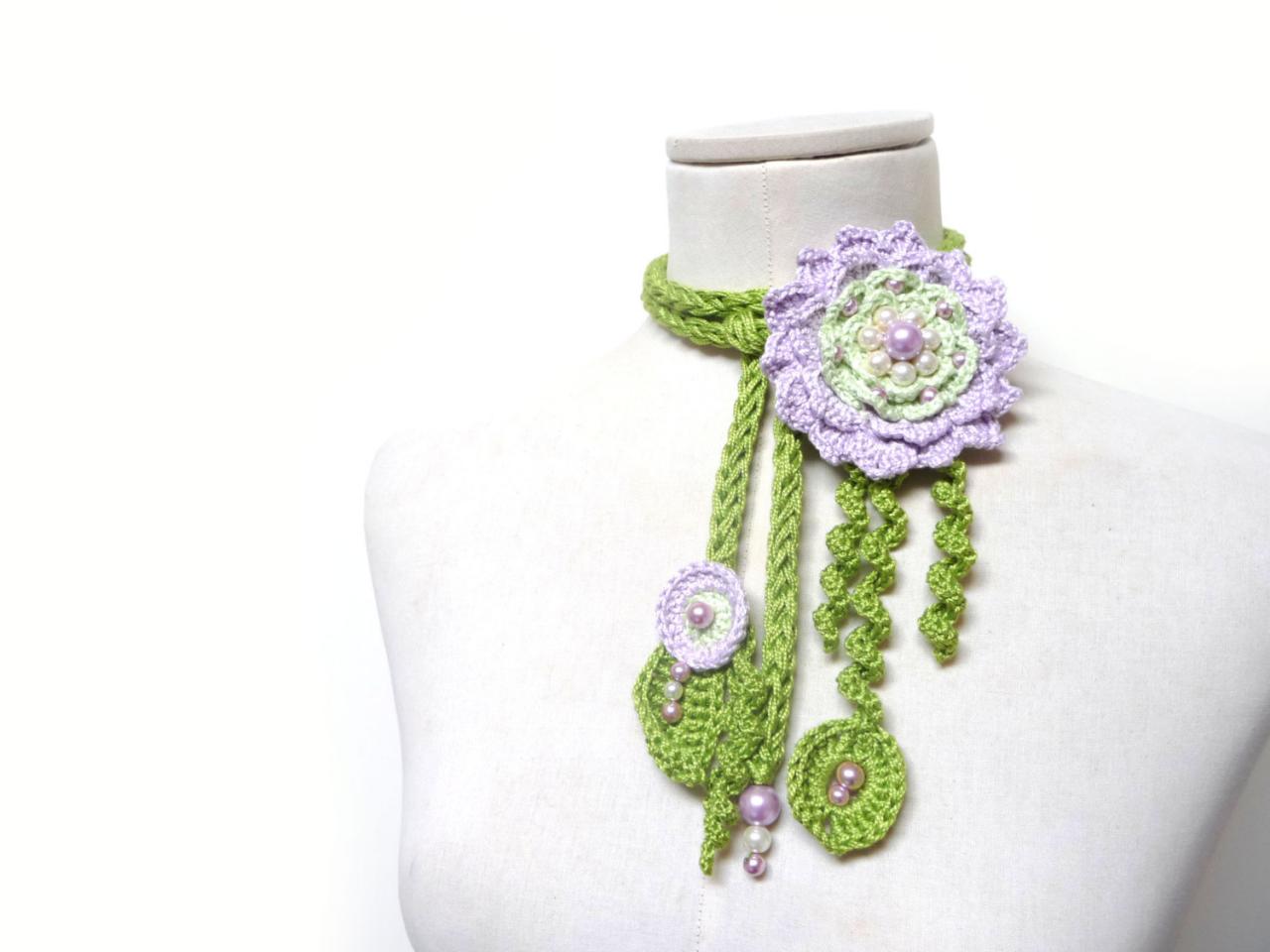 Crochet Cotton Lariat Necklace - Lime Green Leaves And Lilac Flower With Glass Pearls - Little Peony