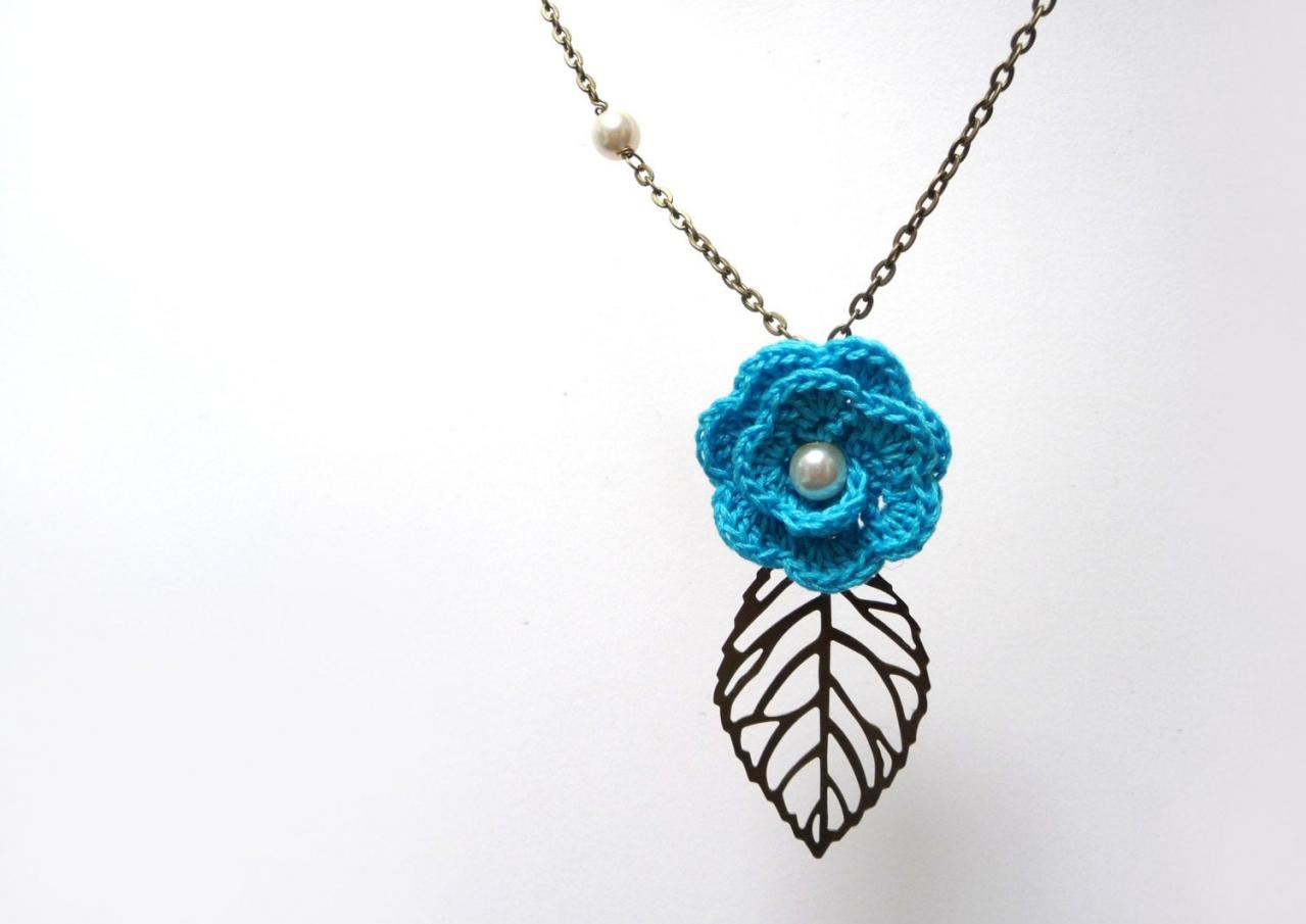 Crochet Flower Necklace With Brass Chain And Leaf - Turquoise Cotton Flower With Pearls - Choose The Color