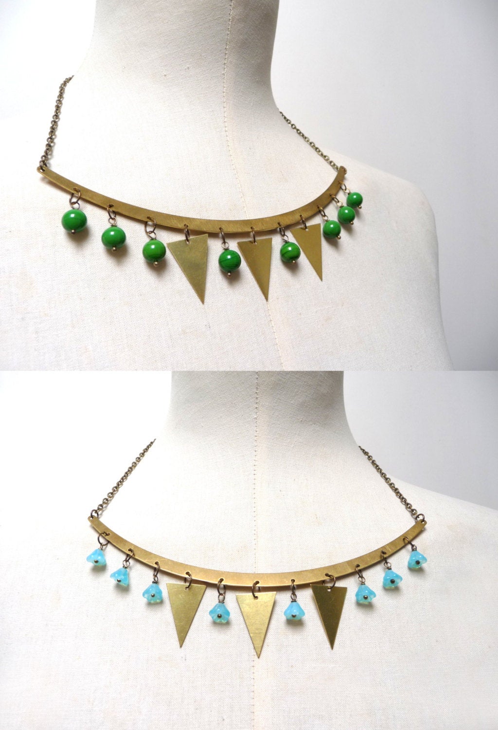 Gold Brass Garland Necklace, Triangles And Green Glass Beads, Geometric Jewelry