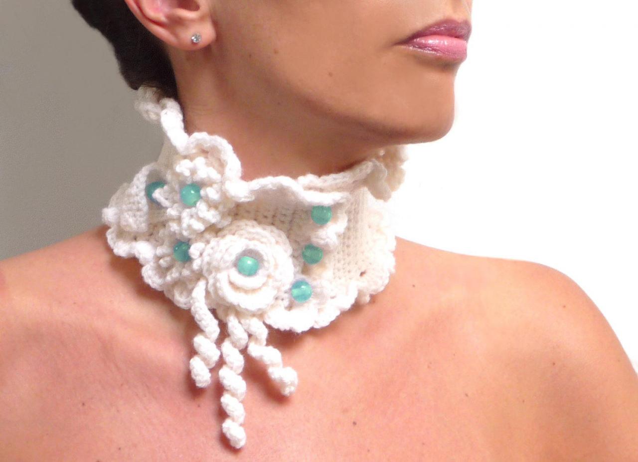 Crochet White Collar Neckwarmer, Wool Choker Necklace with Flowers and Aqua Green Glass Pearls, White Collar, Wool Neckwarmer - WHITE GARDEN
