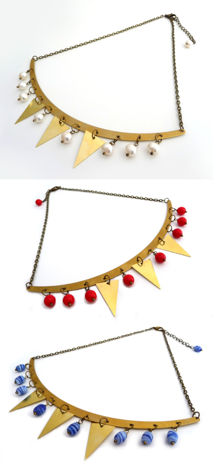Gold Brass Garland Necklace, Triangles And Red Glass Beads, Geometric Jewelry