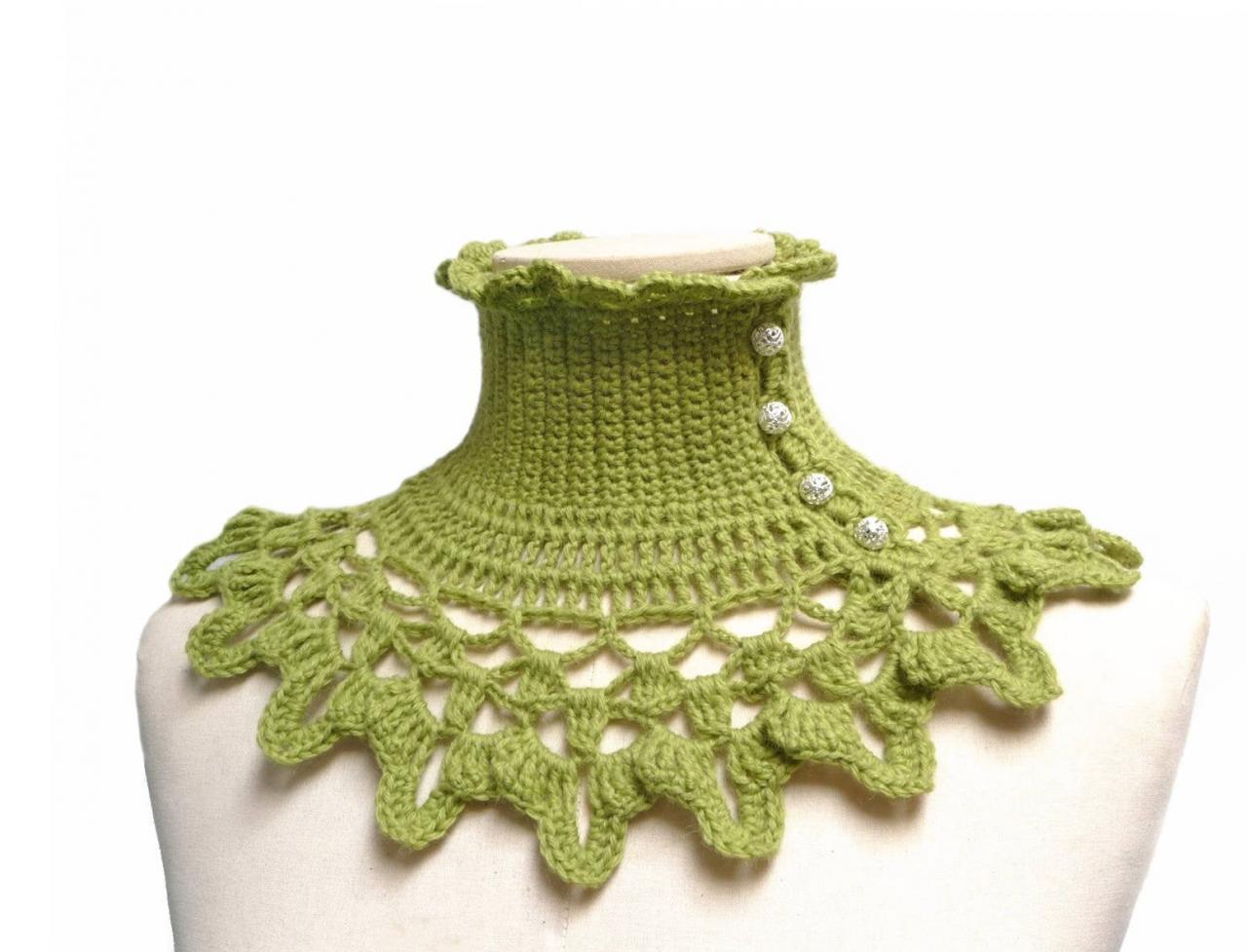 Victorian Wool Collar Neck Warmer, Crochet Green Boho Style Turtleneck Scarf, Romantic Gothic Neck Piece, Mom Sister And Friend Gift