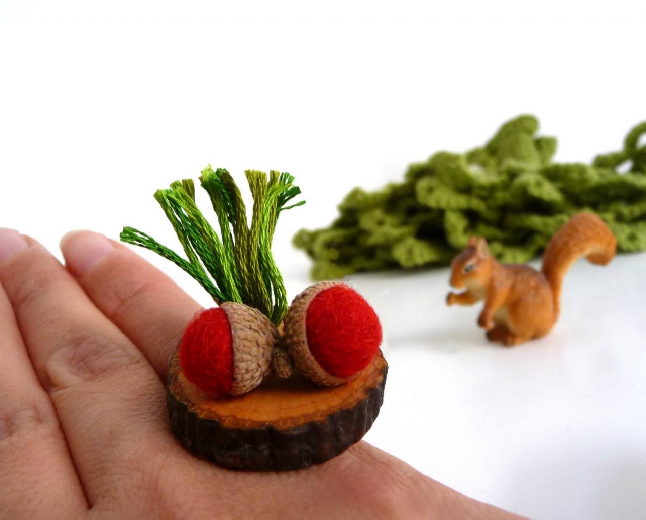 Adjustable Statement Wood Ring With Red Felt Acorn And Grass, Woodland Forest Jewelry, Nature And Wood Lover Gift, Funny Engagement Ring