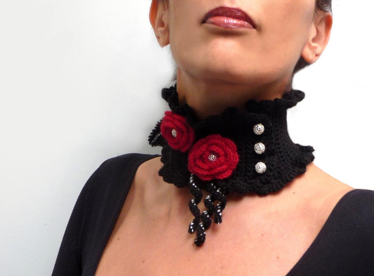 Crochet Black Neckwarmer with Red Flowers and Silver Beads - Lux Cowl Choker - JUSTINE