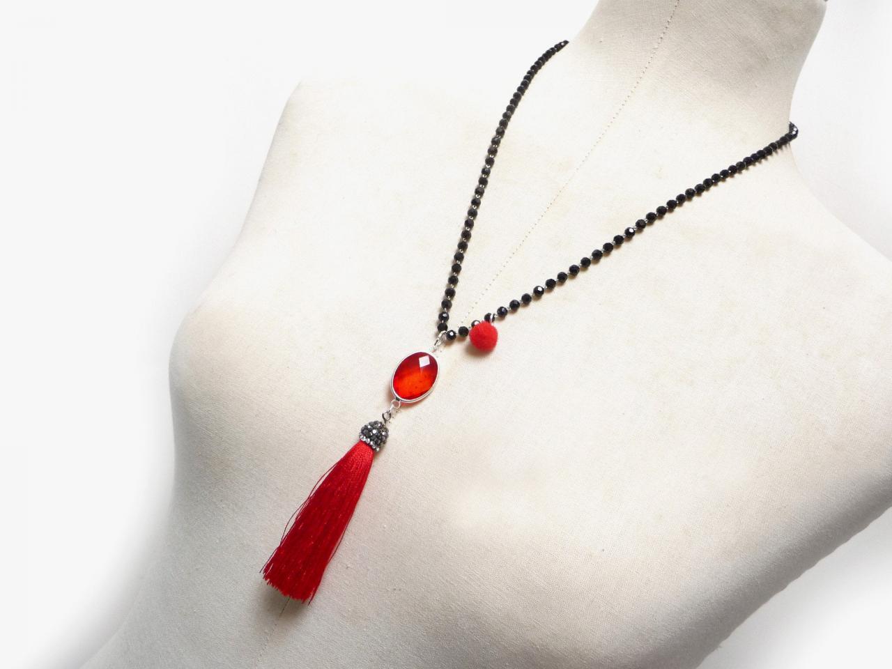 Red Tassel Necklace With Black Beaded Chain - Crystals Chain And Tassel Pendant With Red Focal Stone - Boho Chic Jewelry, Rosary Necklace