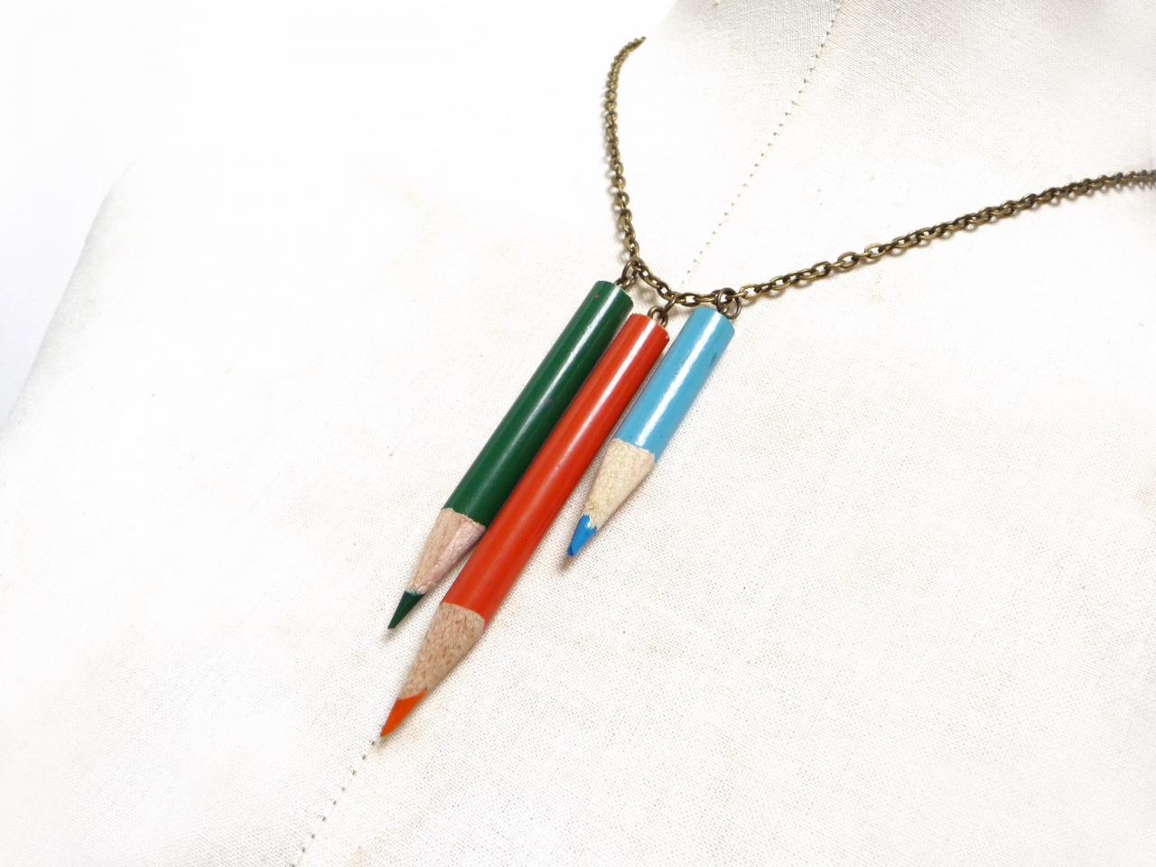 Teacher Gift Idea Color Pencil Necklace With Brass Chain - Green Orange Blue Crayons Charms - Back To School, Schoolmate, Upcycled Recycled