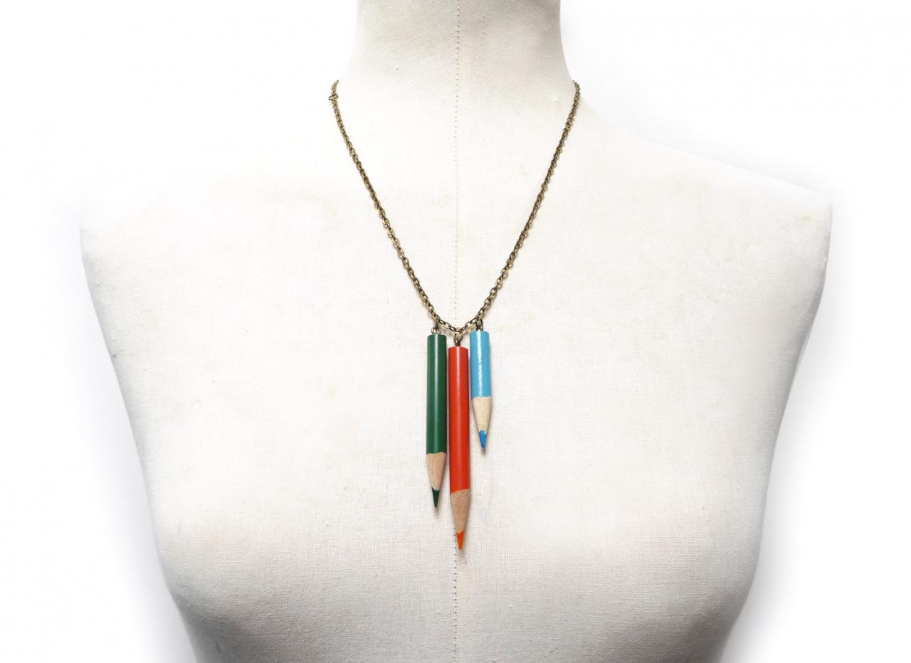 Teacher Gift Idea Color Pencil Necklace With Brass Chain Green Orange