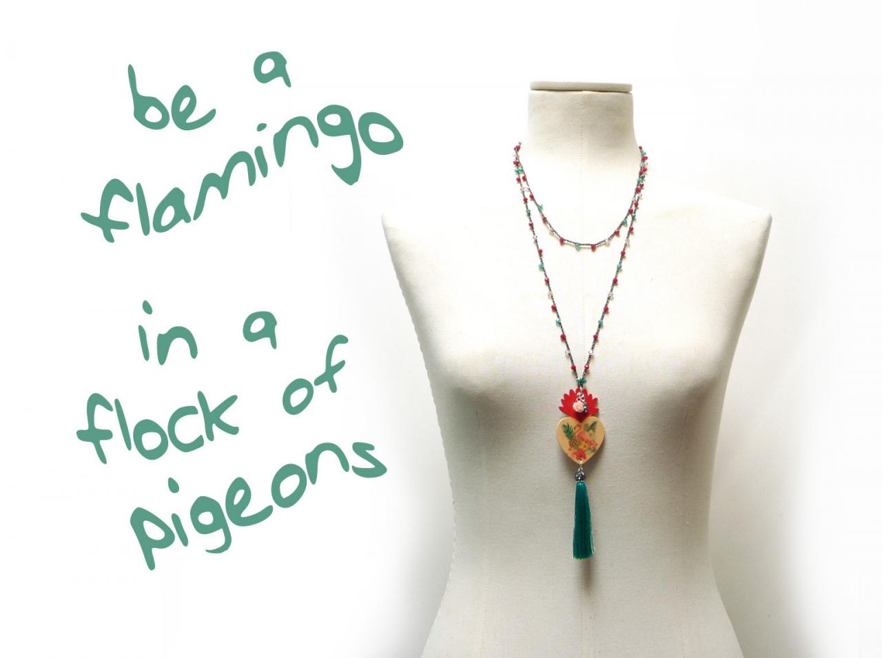 Flamingo Long Beaded Necklace With Red Pink And Green Crystals, Sacred Heart Pendant And Silk Tassel