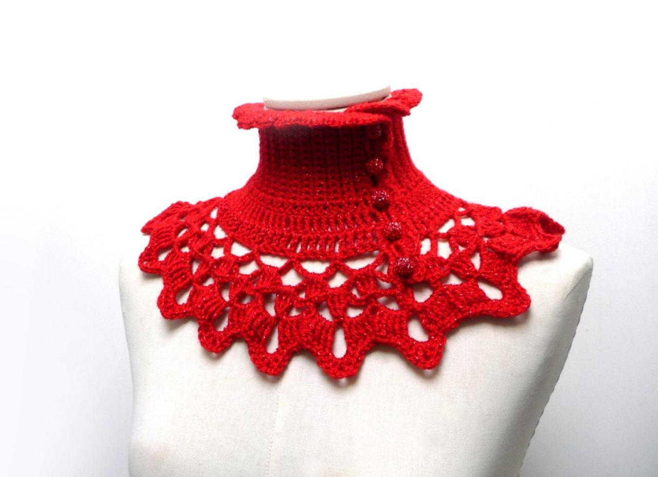 Red Collar Neck Warmer, Crochet Boho Victorian Style Turtleneck, Steampunk Gothic Neck Piece, Red Wool Yarn, Mom And Friend Gift