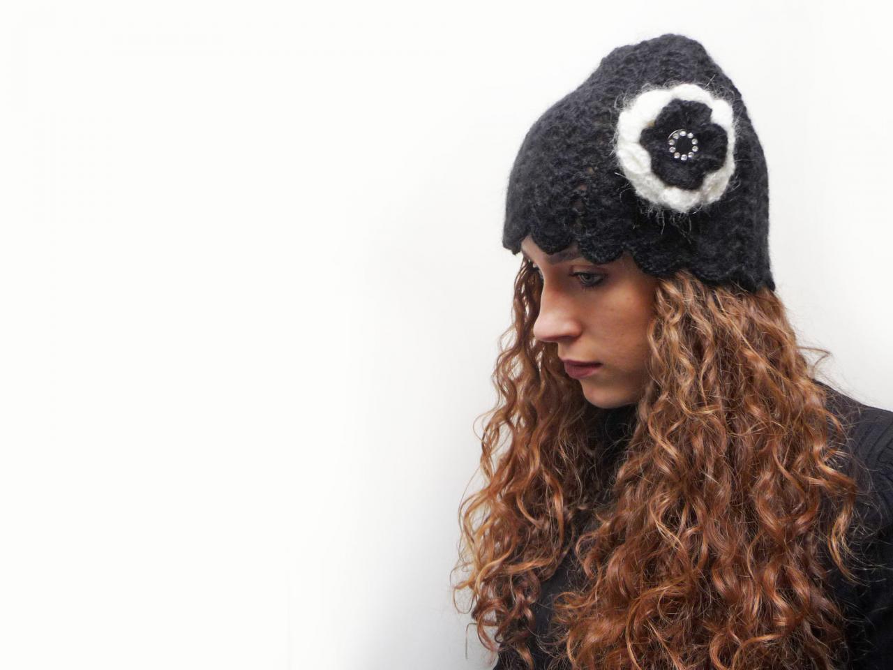 Black Crochet Cloche Hat With Flower - Mohair Crochet Beanie With Giant  Flower Brooch - Camille