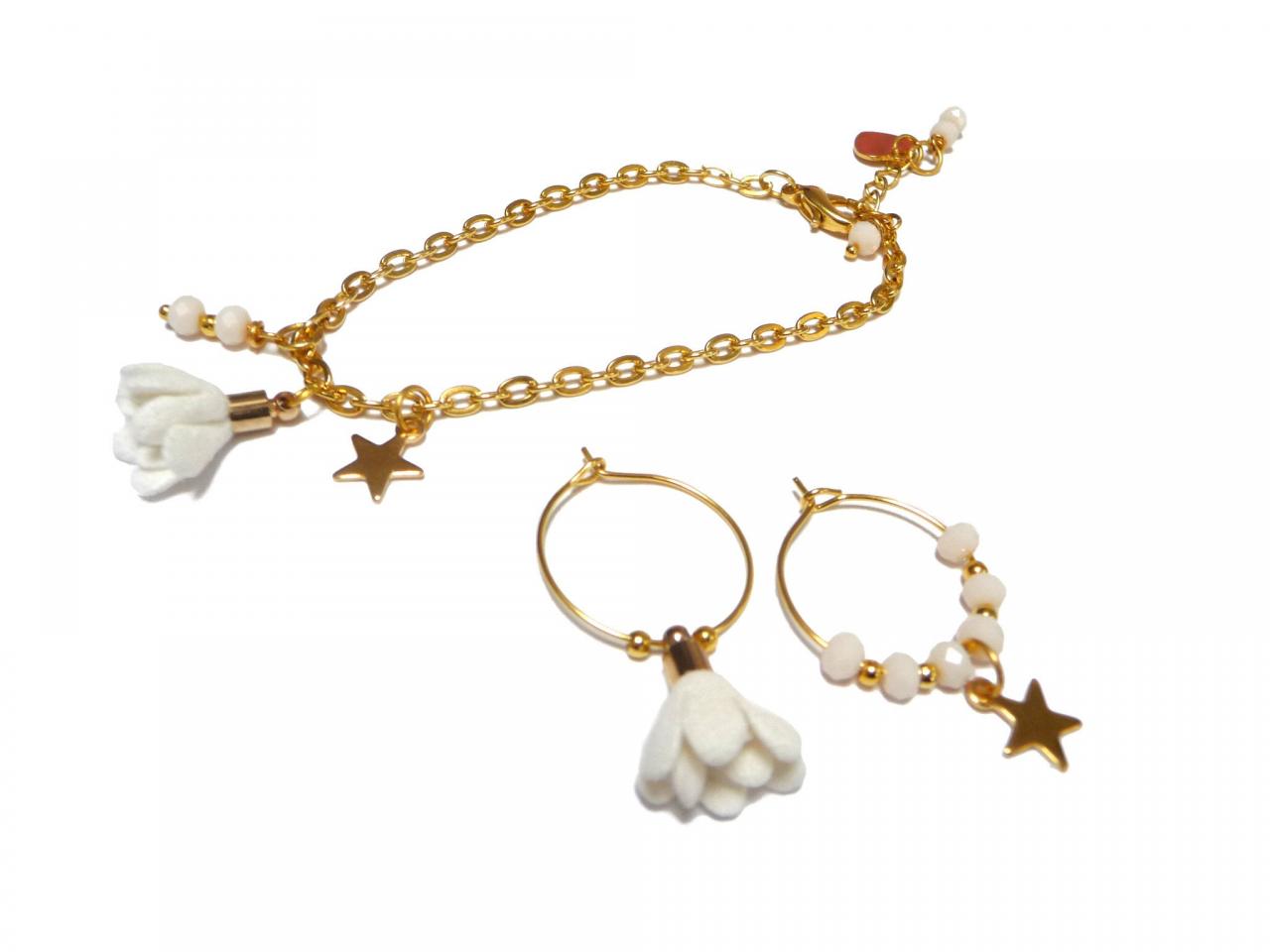 Gold And White Earrings And Bracelet Set - Mismatched Hoop Earrings With Star And Flower Charms - Personalized Gift For Friend