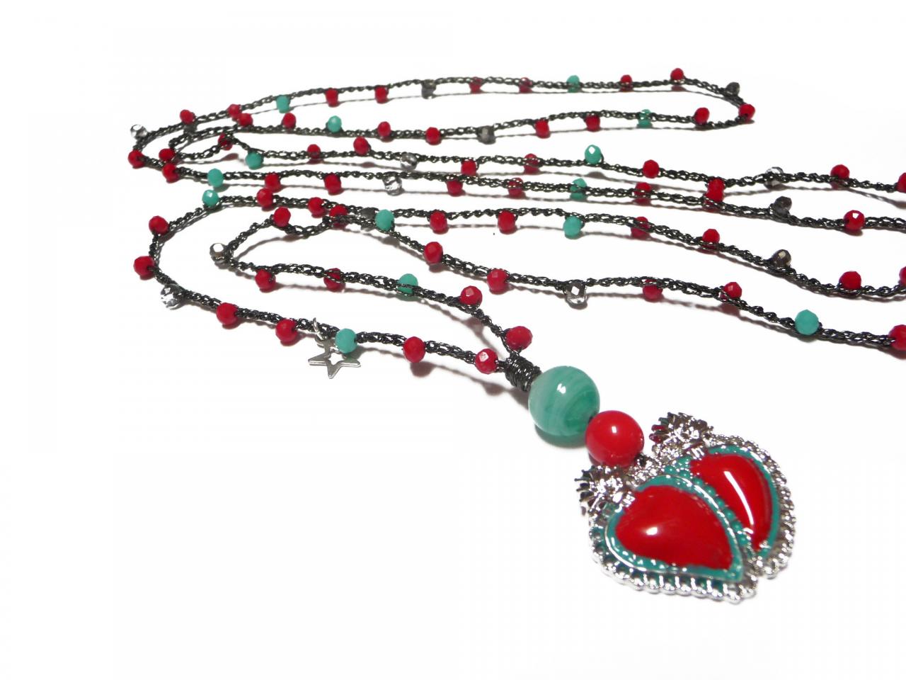Sacred Heart Necklace With Aqua Green And Red Tiny Crystals, Milagro Heart Pendant, Long Beaded Boho Chic Crochet Necklace, Mexican Style