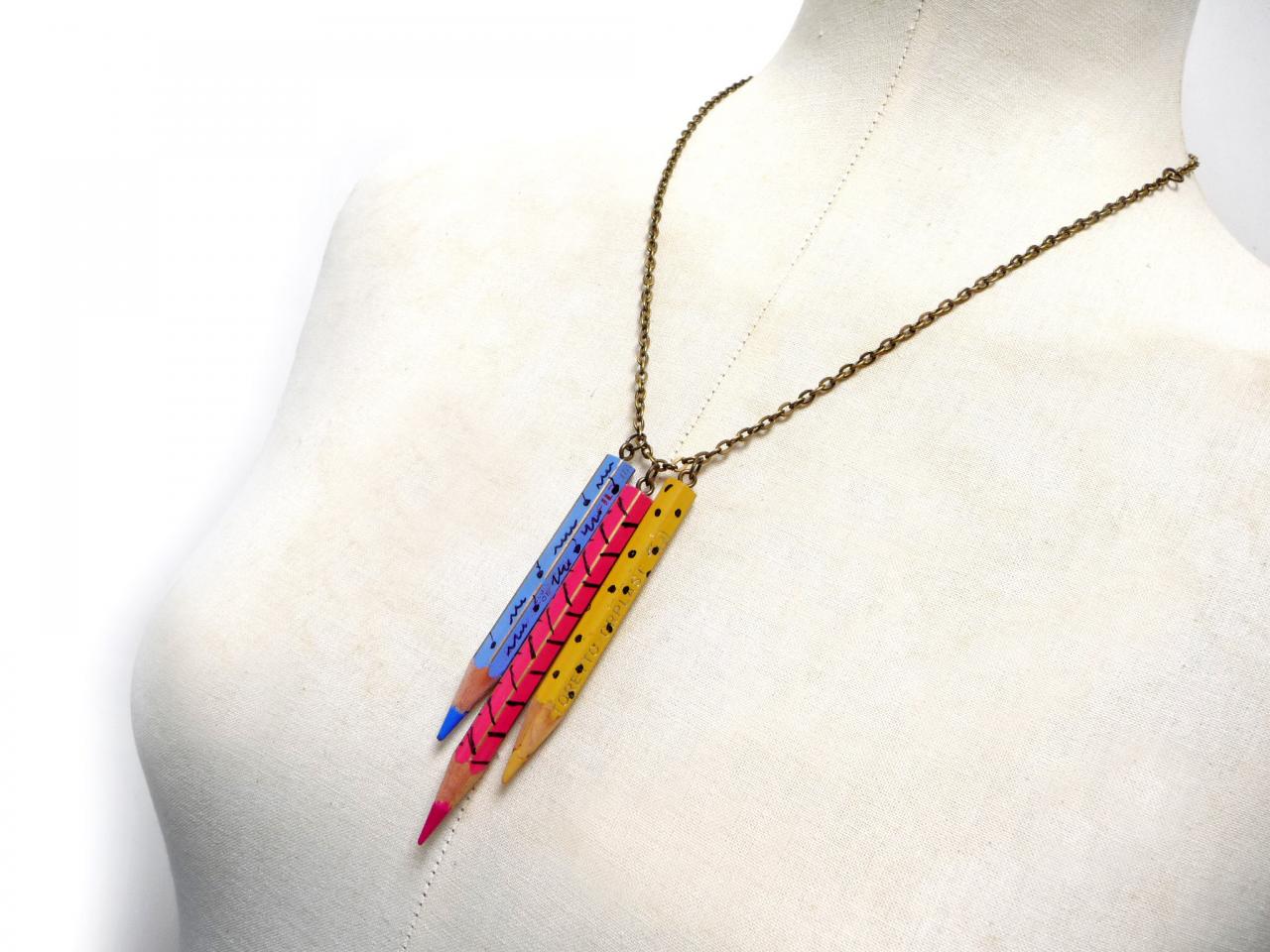 Color Pencil Necklace With Brass Chain - Light Blue, Pink, Yellow Crayons Charms - Upcycled, Recycled, Back To School, Teacher, Schoolmate