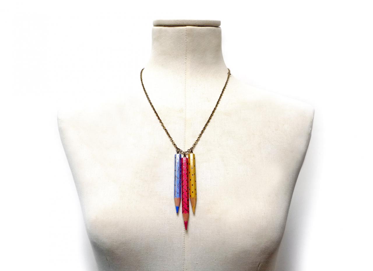 Color Pencil Necklace With Brass Chain Light Blue, Pink, Yellow