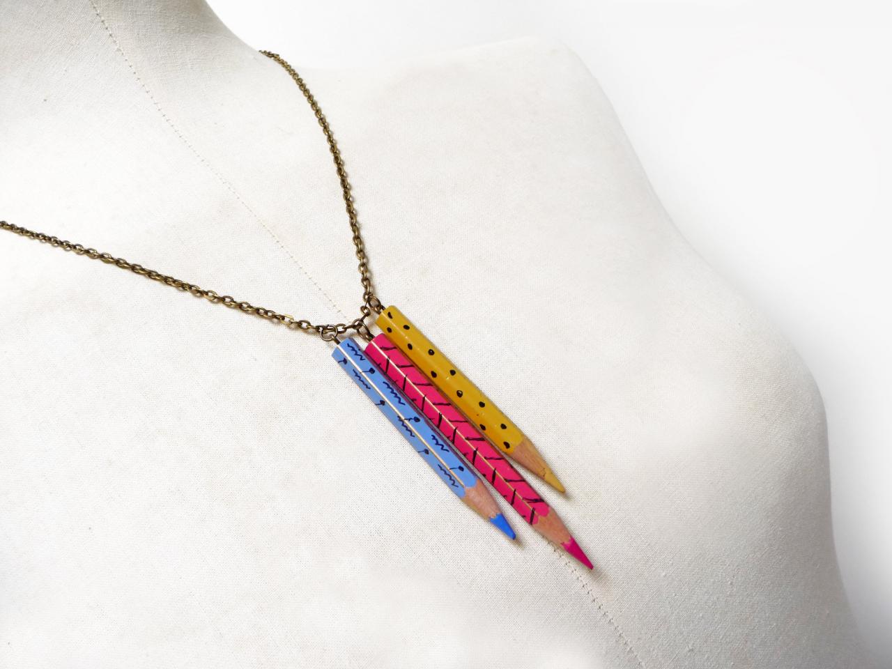 Color Pencil Necklace With Brass Chain Light Blue, Pink, Yellow