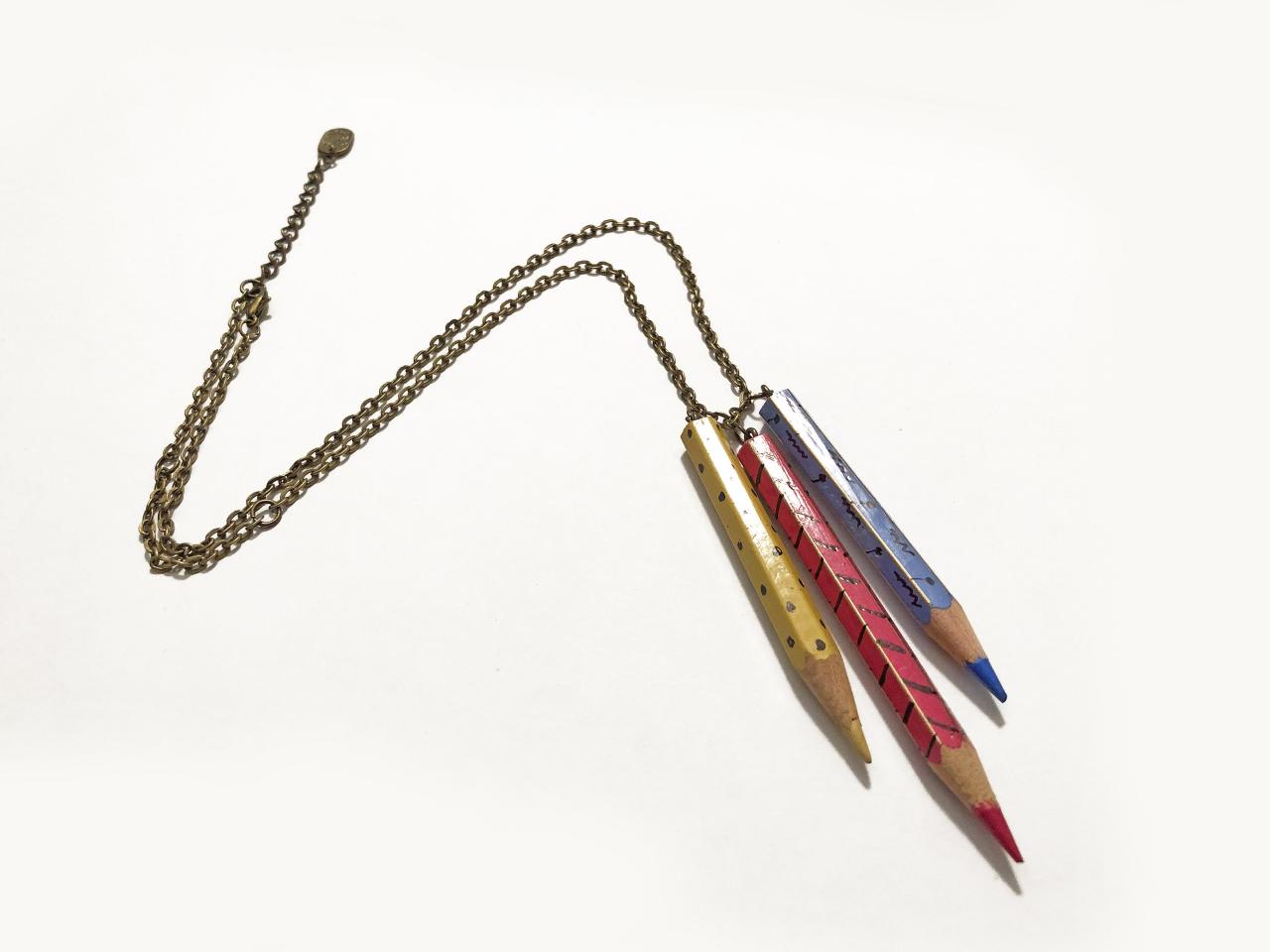 Color Pencil Necklace With Brass Chain Light Blue, Pink, Yellow