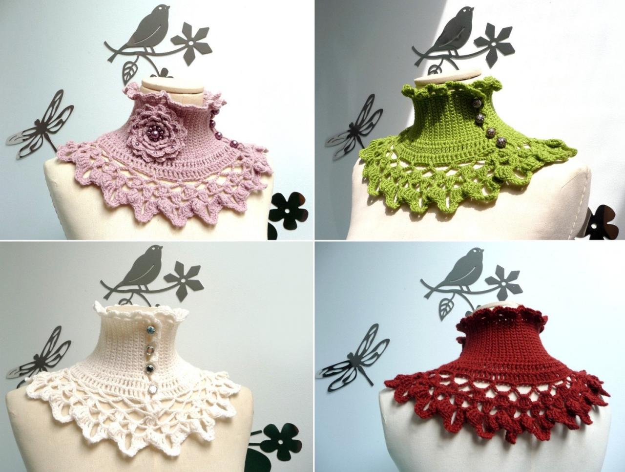 Victorian Crochet Collar / Custom Color Wool Scarf Neckwarmer With Turtleneck, Ruffle Neckline And Lace Collar - Ninu'