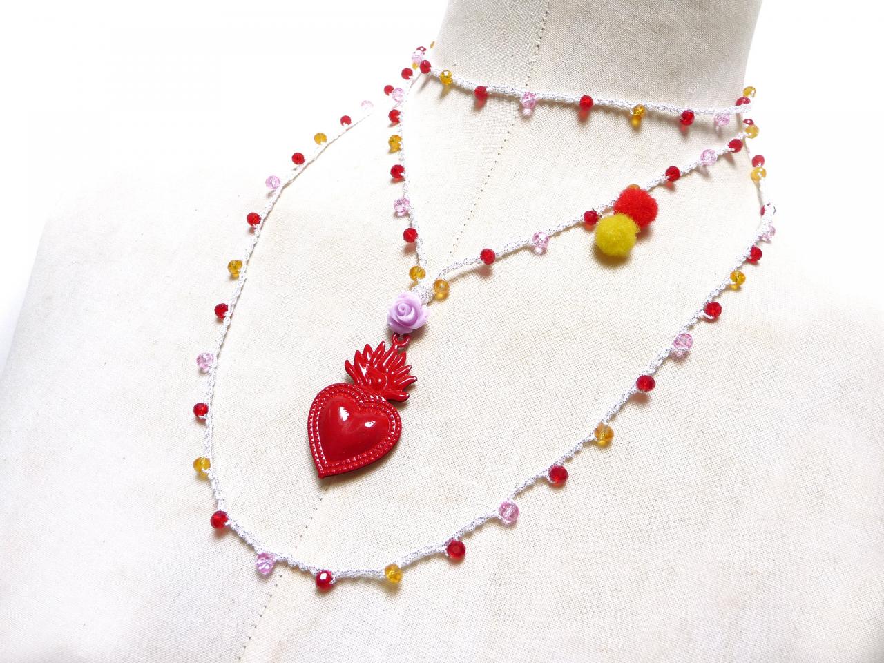 Red Sacred Heart Milagro Necklace - Long Beaded Crochet Rosary Chain With Red Pink Yellow Crystals And Exvoto Pendant, Mexican Boho Chic