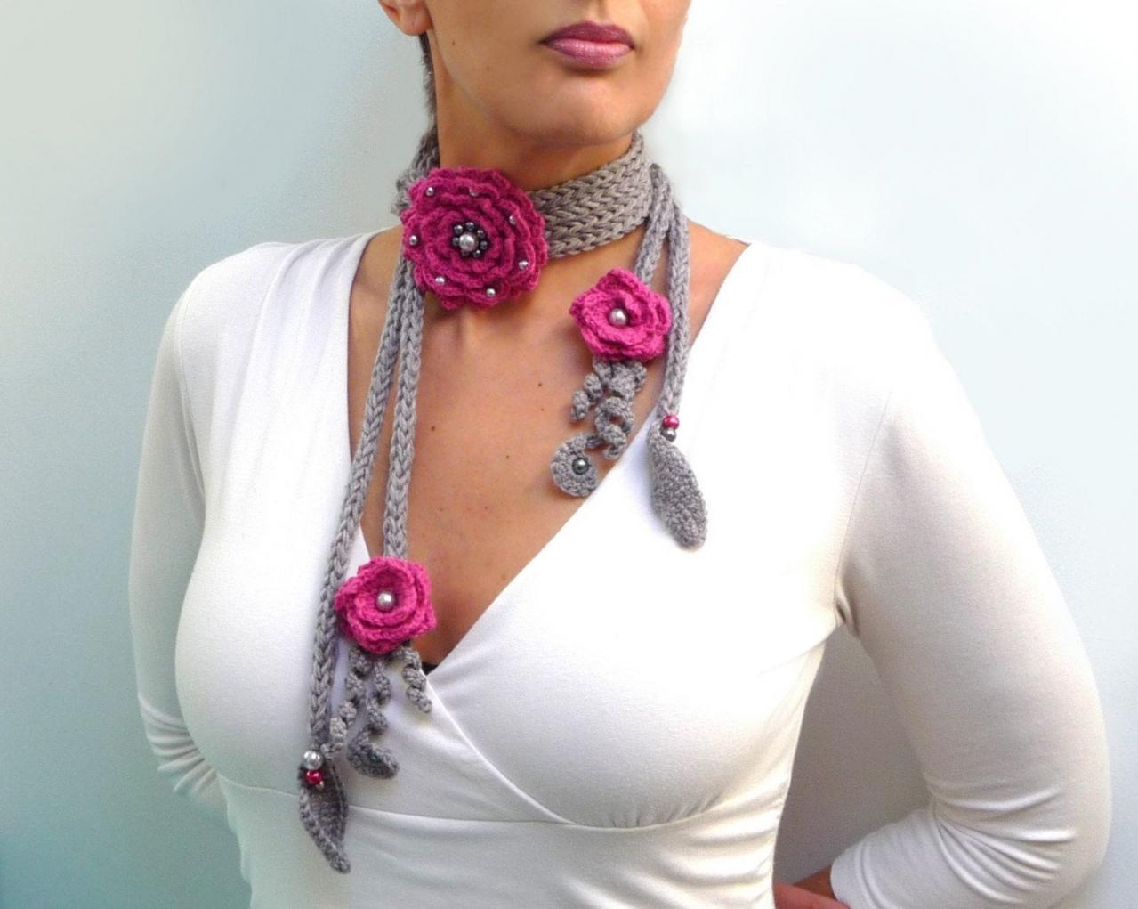 Crochet And Knit Scarf Necklace Or Neckwarmer With Flowers, Leaves And Glass Pearls - Made To Order - Choose Your Colors - Peony