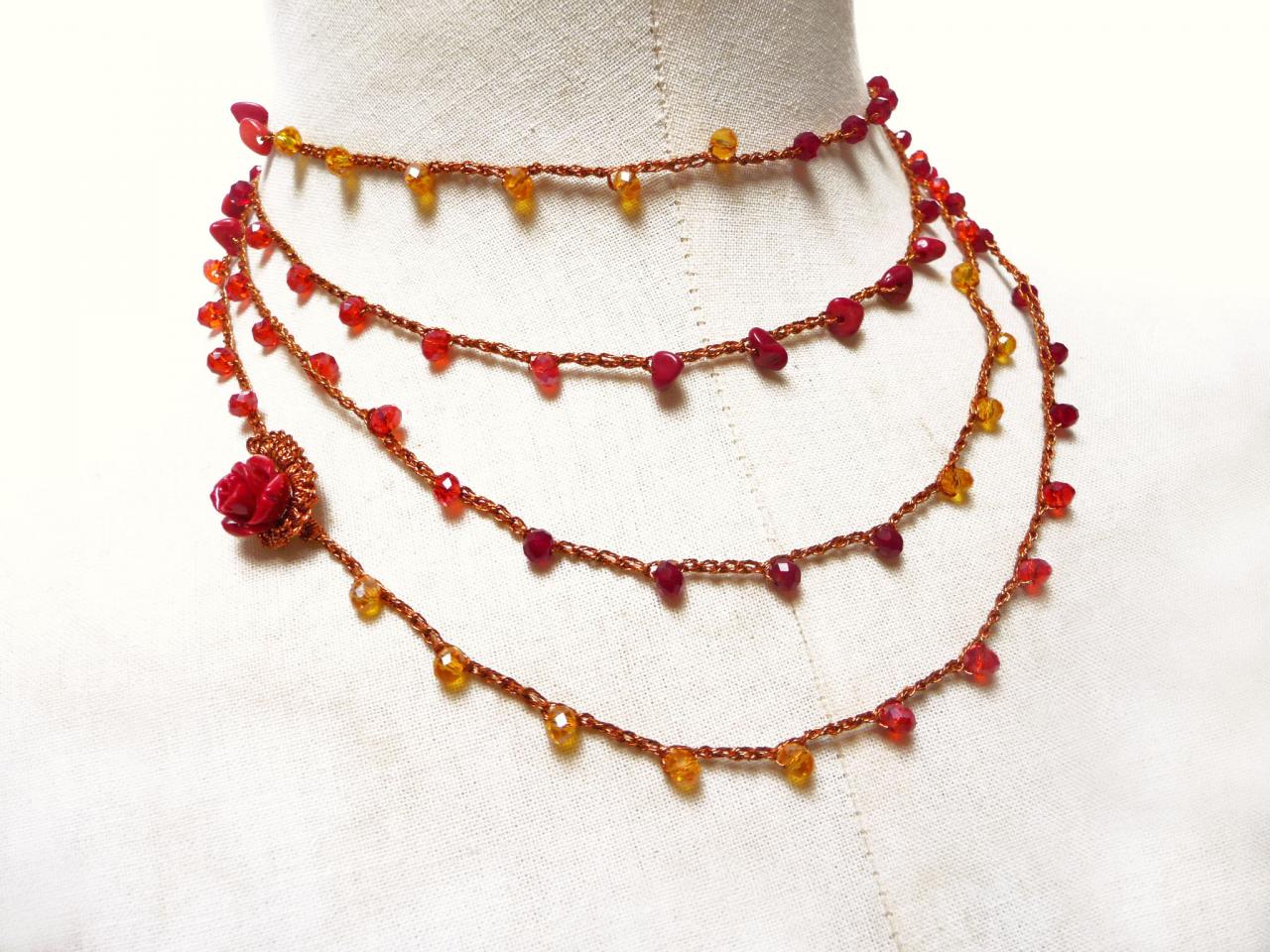 Long Beaded Wrap Necklace With Red Yellow Orange Crystals And Red Coral Chips, Rosary Crochet Necklace, Boho Style Multi Wrap Bracelet