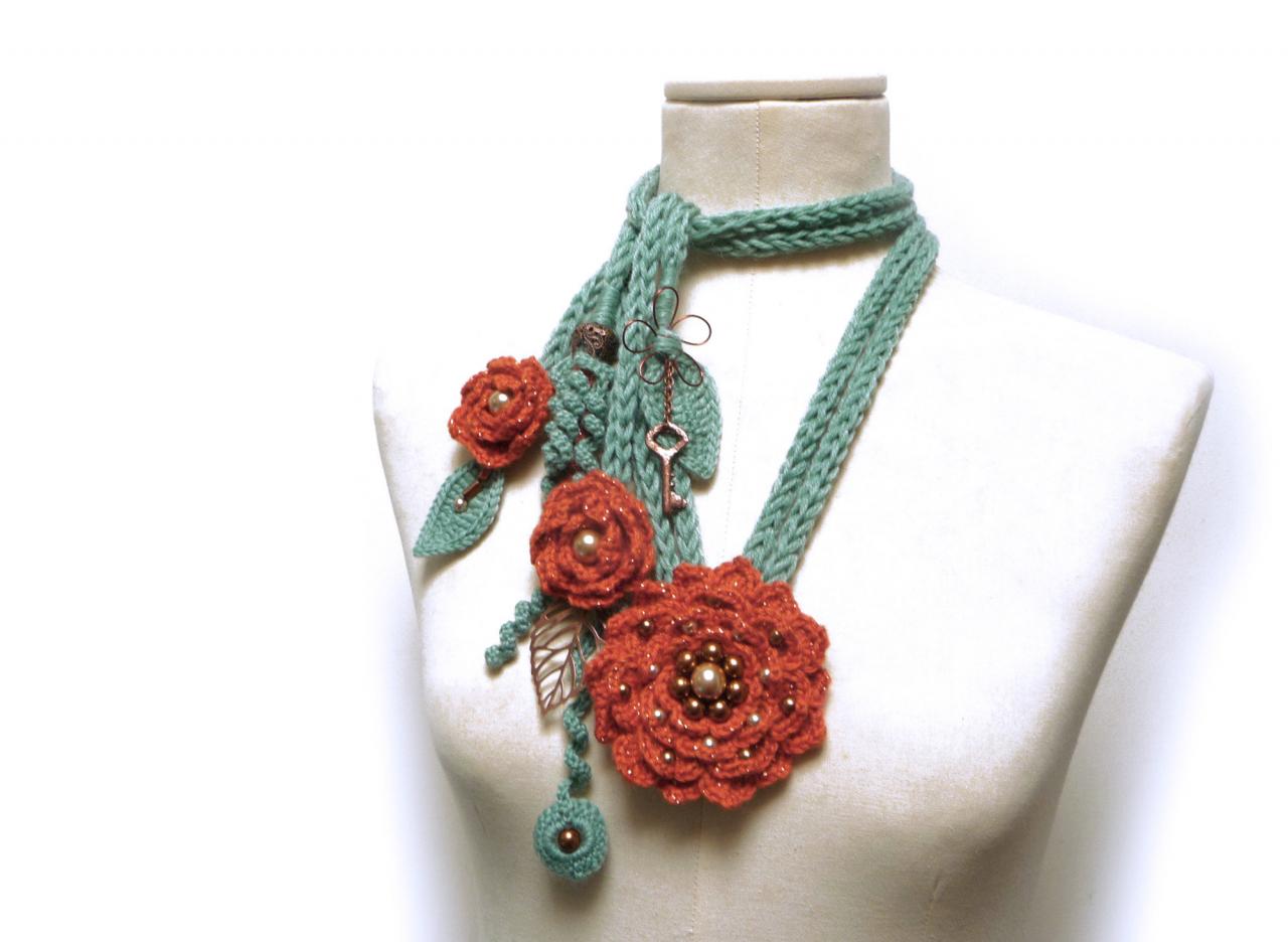 Crochet Necklace With Flowers, Leaves And Glass Pearls - Rusty Orange And Sage Green - Made To Order Crochet Scarf Neckwarmer - Peony